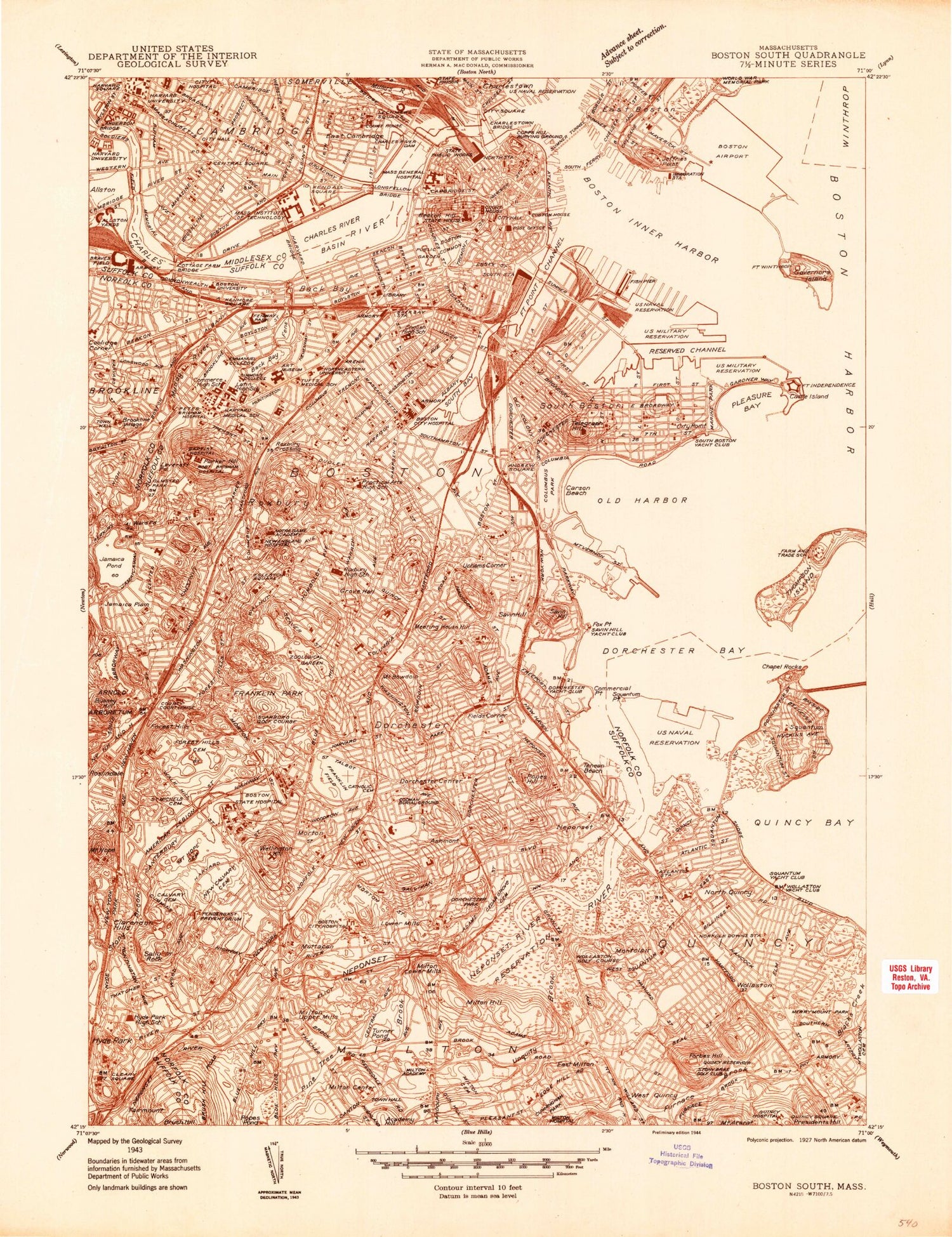 Classic USGS Boston South Massachusetts 7.5'x7.5' Topo Map Image