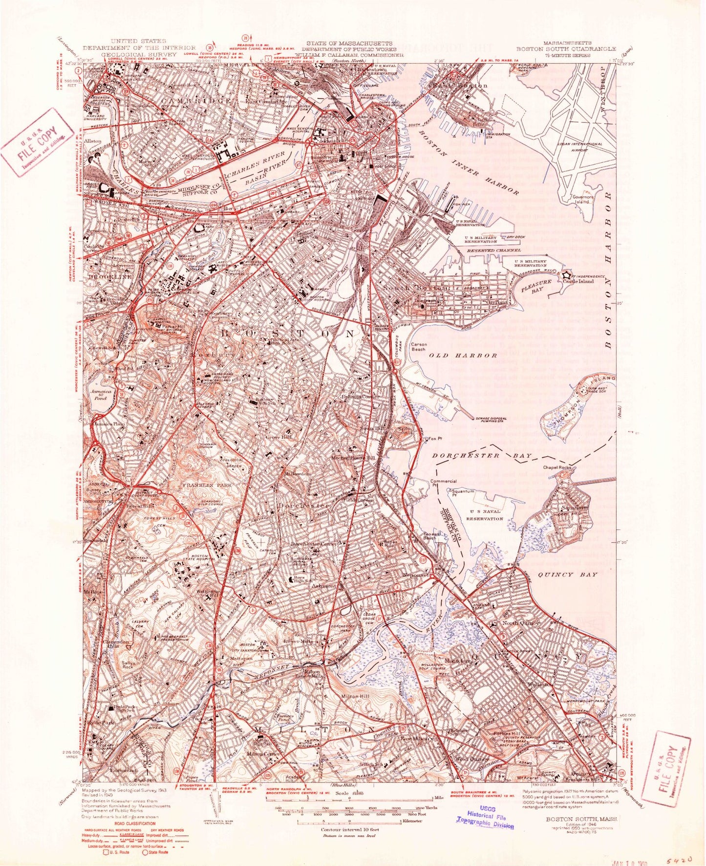 Classic USGS Boston South Massachusetts 7.5'x7.5' Topo Map Image