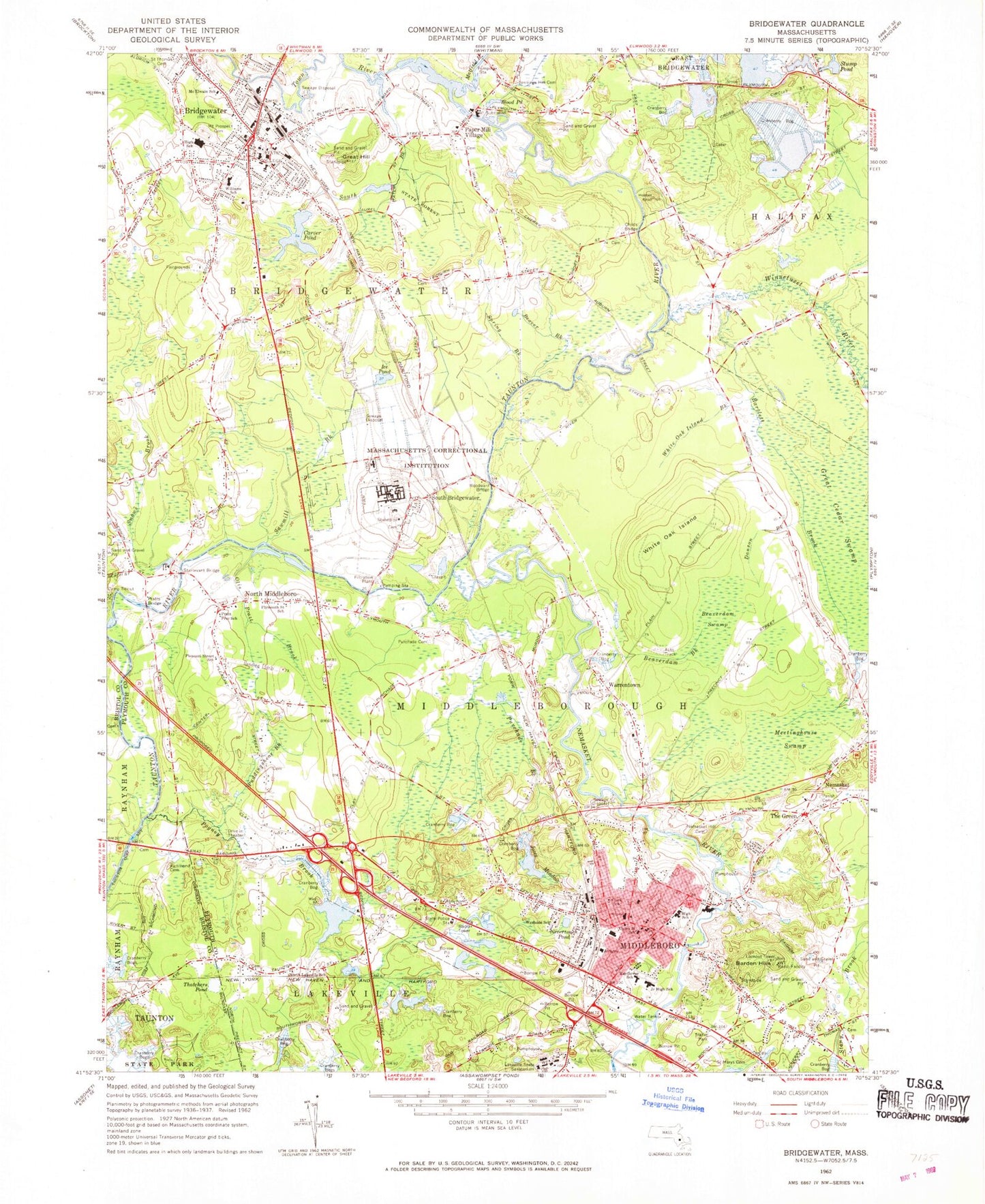 Classic USGS Bridgewater Massachusetts 7.5'x7.5' Topo Map Image