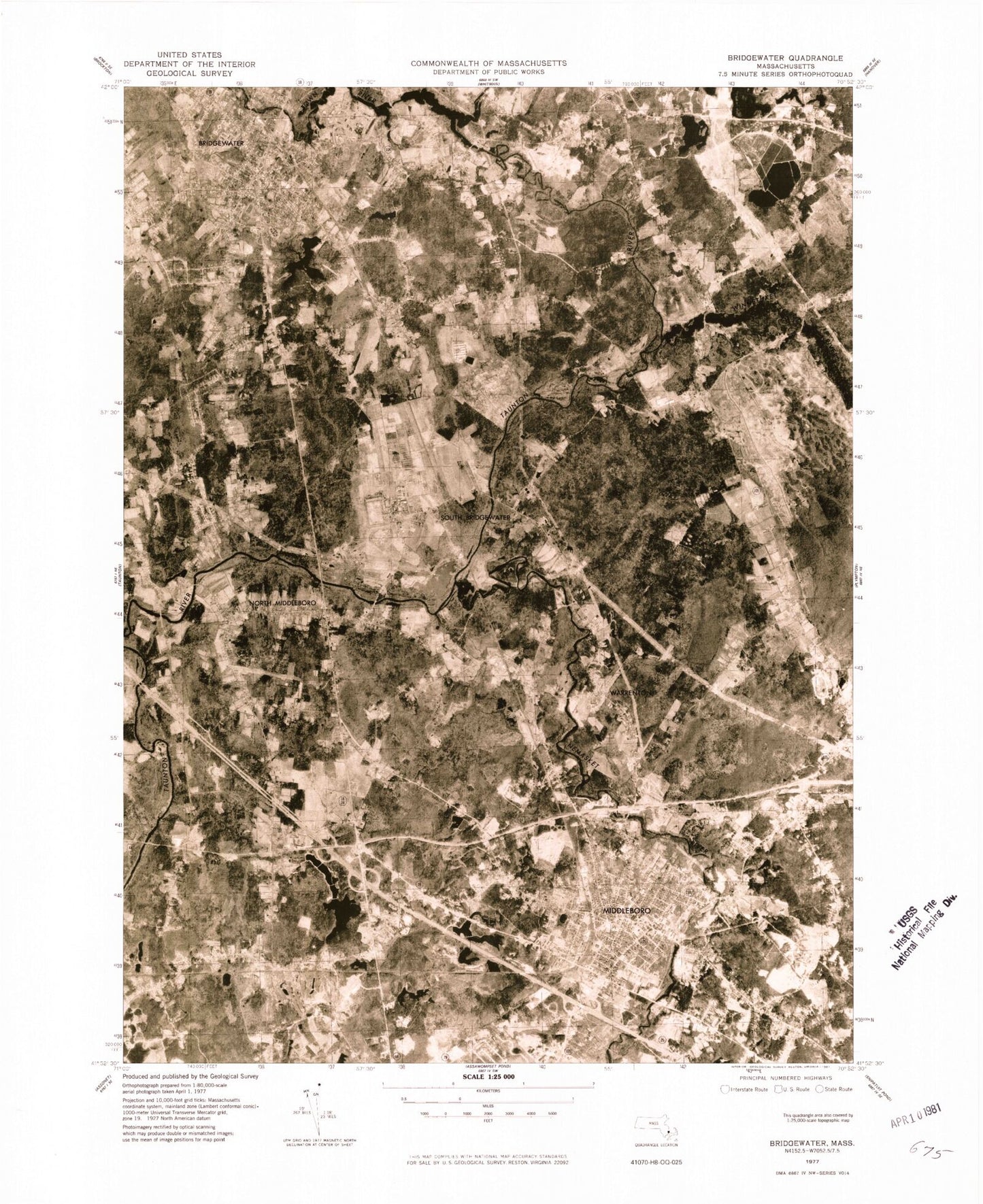 Classic USGS Bridgewater Massachusetts 7.5'x7.5' Topo Map Image