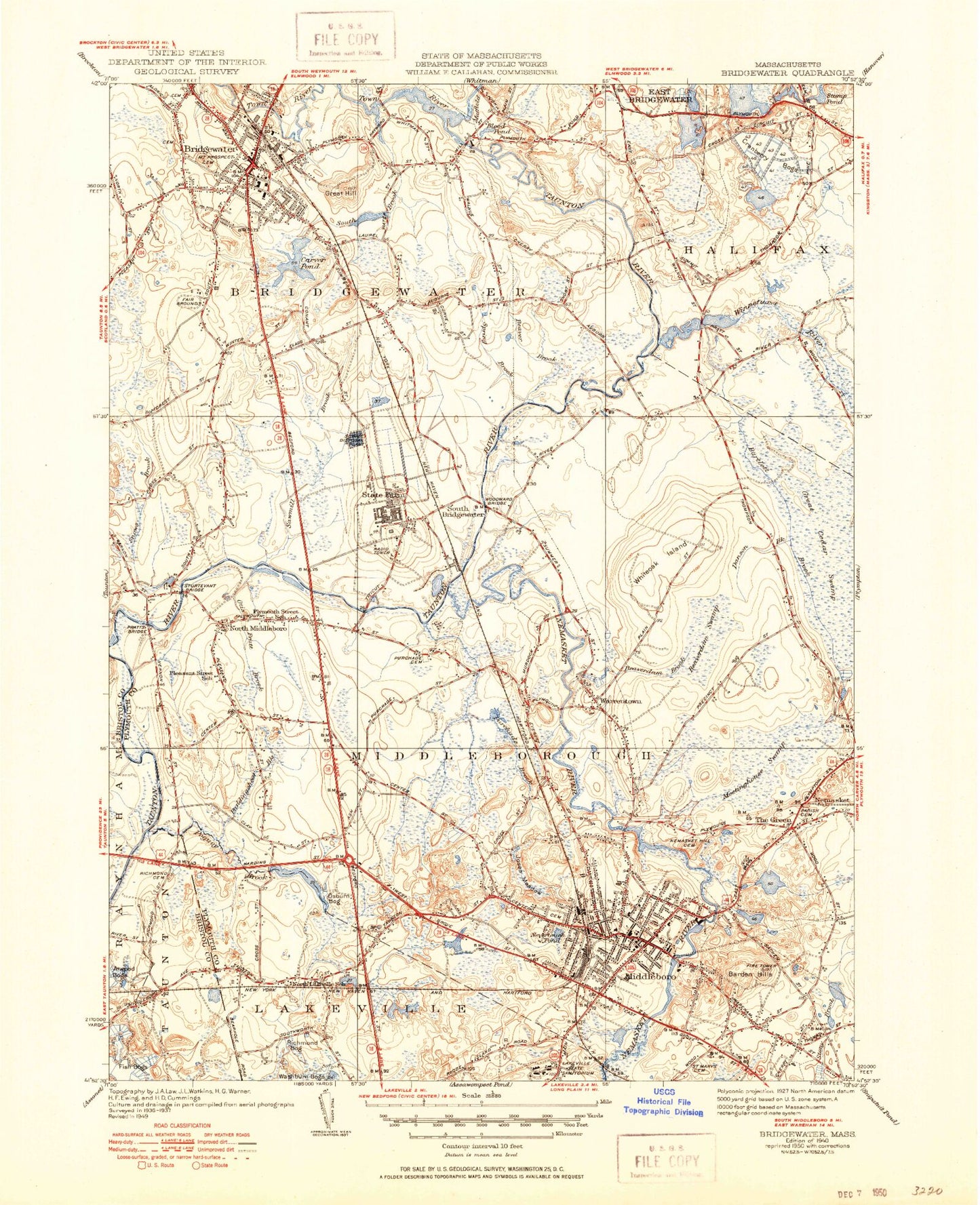 Classic USGS Bridgewater Massachusetts 7.5'x7.5' Topo Map Image