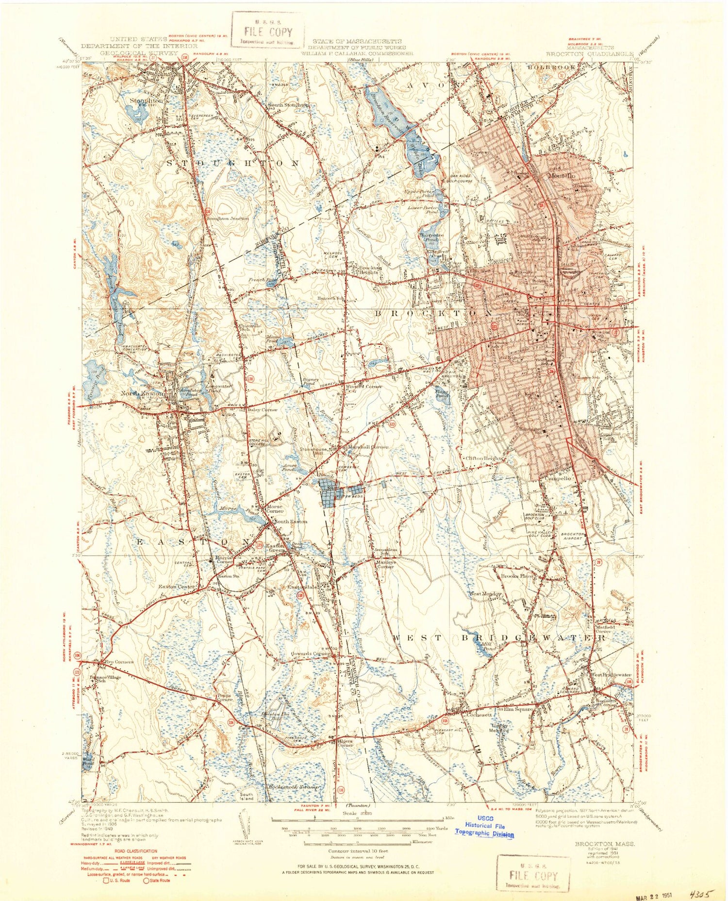Classic USGS Brockton Massachusetts 7.5'x7.5' Topo Map Image