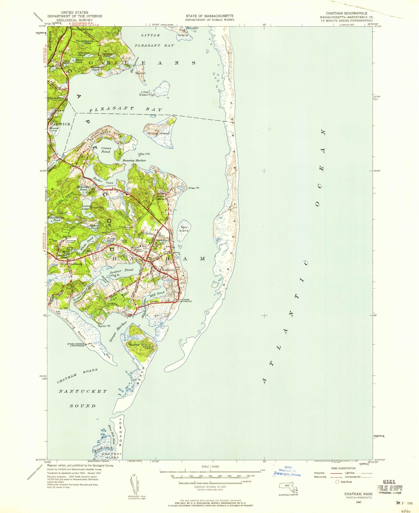 Classic USGS Chatham Massachusetts 7.5'x7.5' Topo Map Image