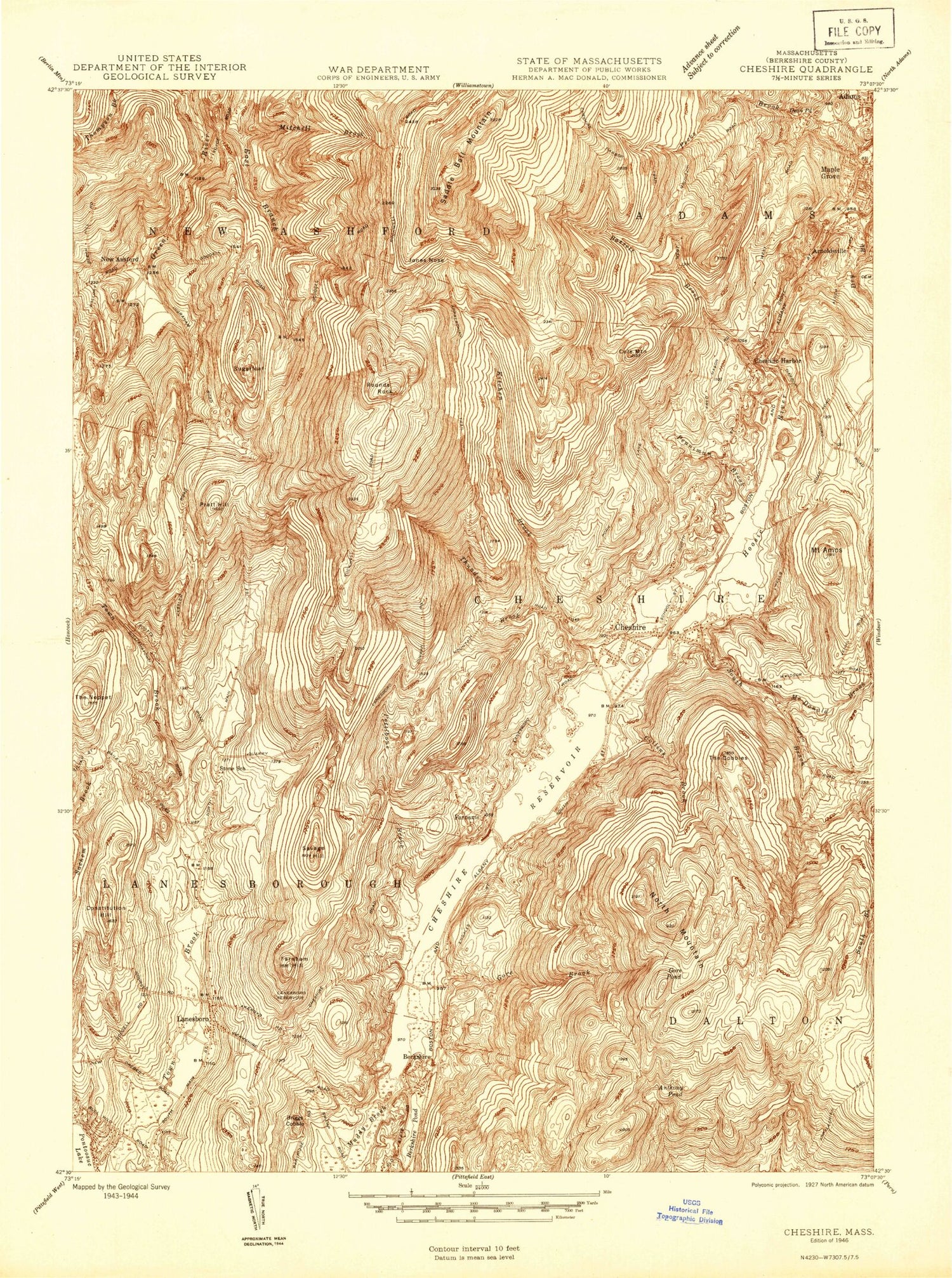 Classic USGS Cheshire Massachusetts 7.5'x7.5' Topo Map Image