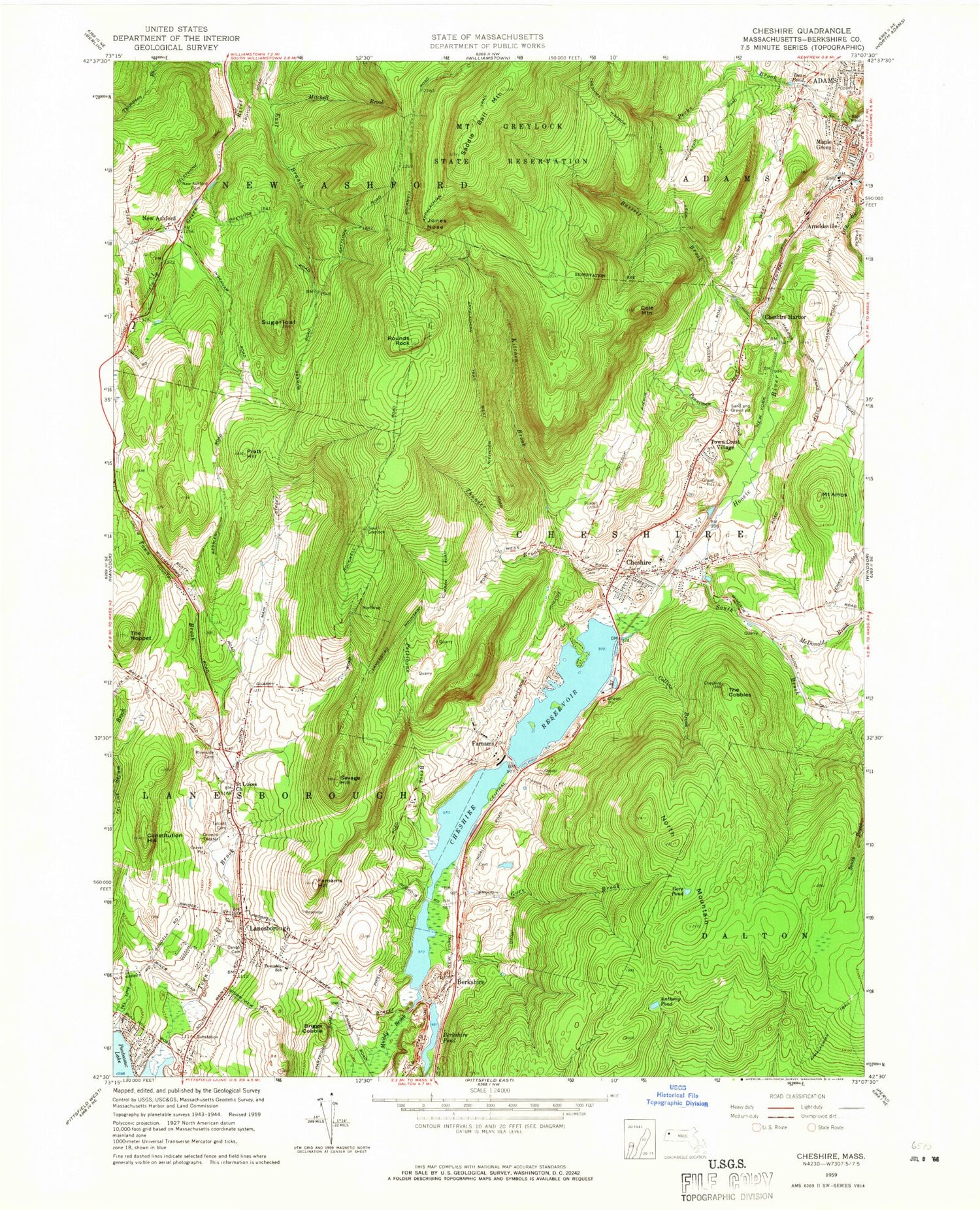 Classic USGS Cheshire Massachusetts 7.5'x7.5' Topo Map Image