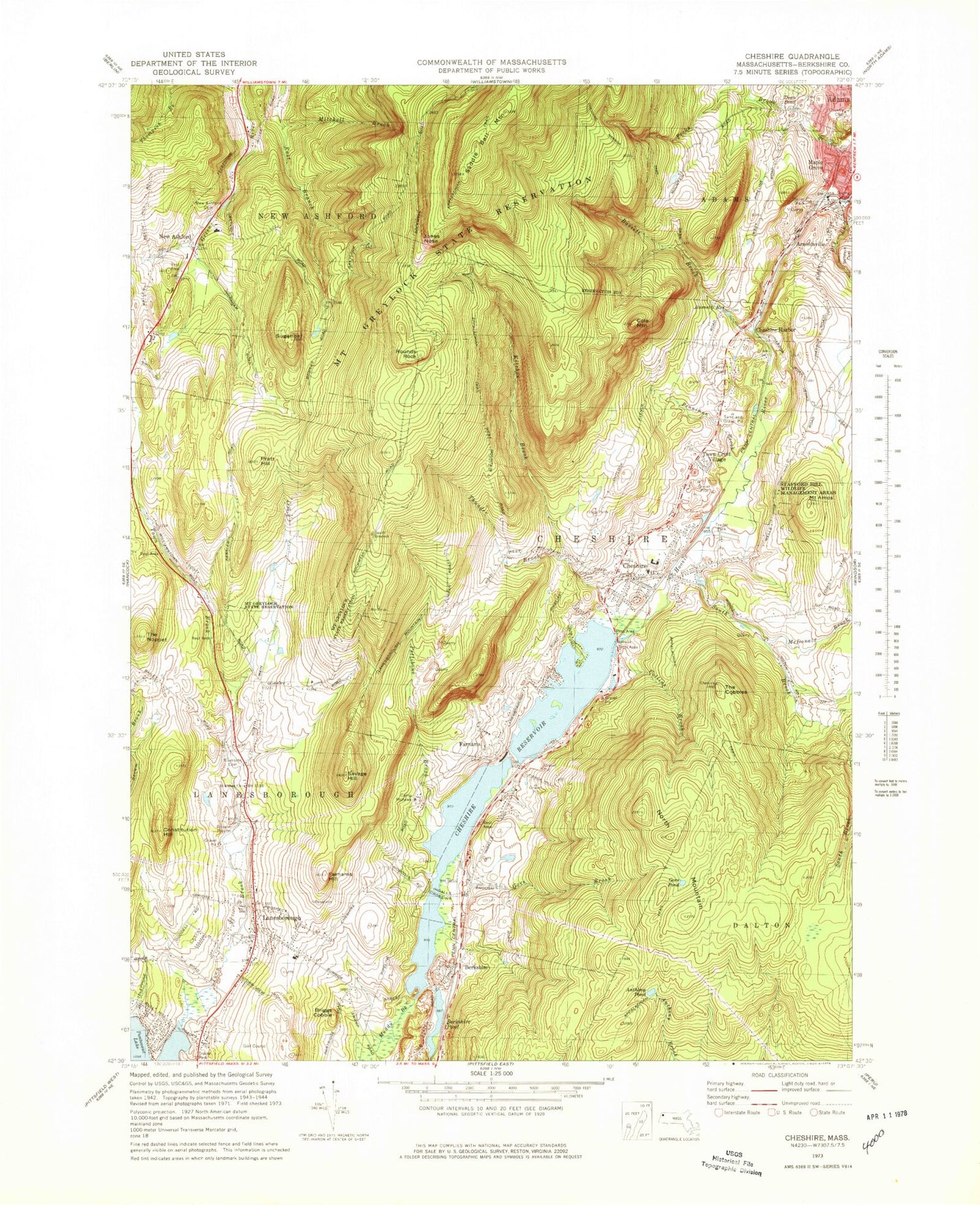 Classic USGS Cheshire Massachusetts 7.5'x7.5' Topo Map Image