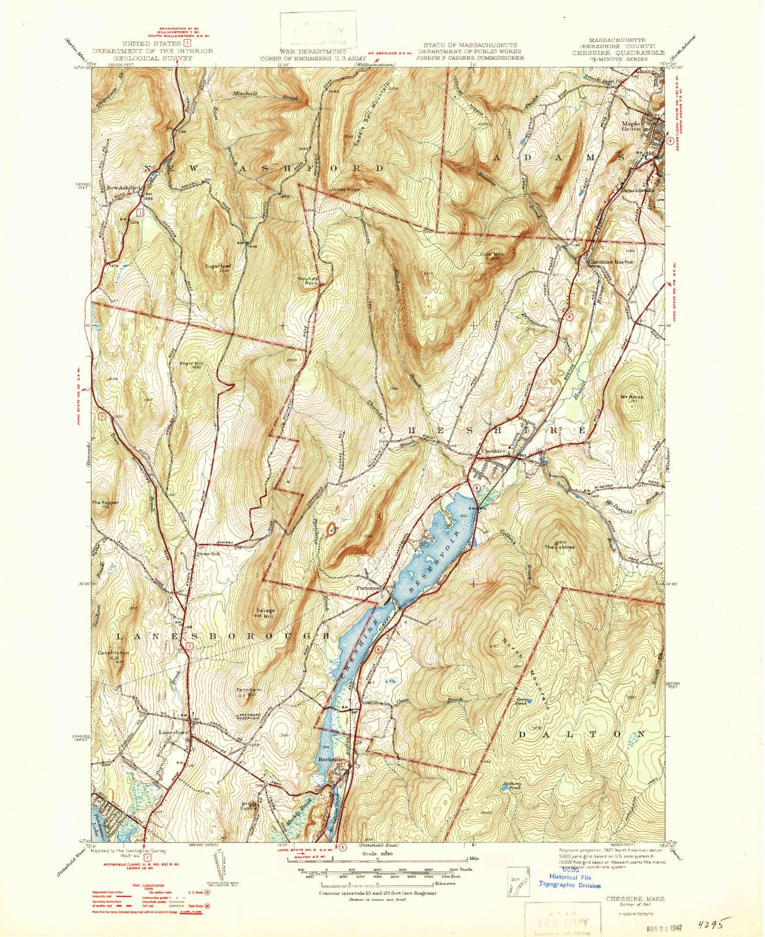 Classic USGS Cheshire Massachusetts 7.5'x7.5' Topo Map Image