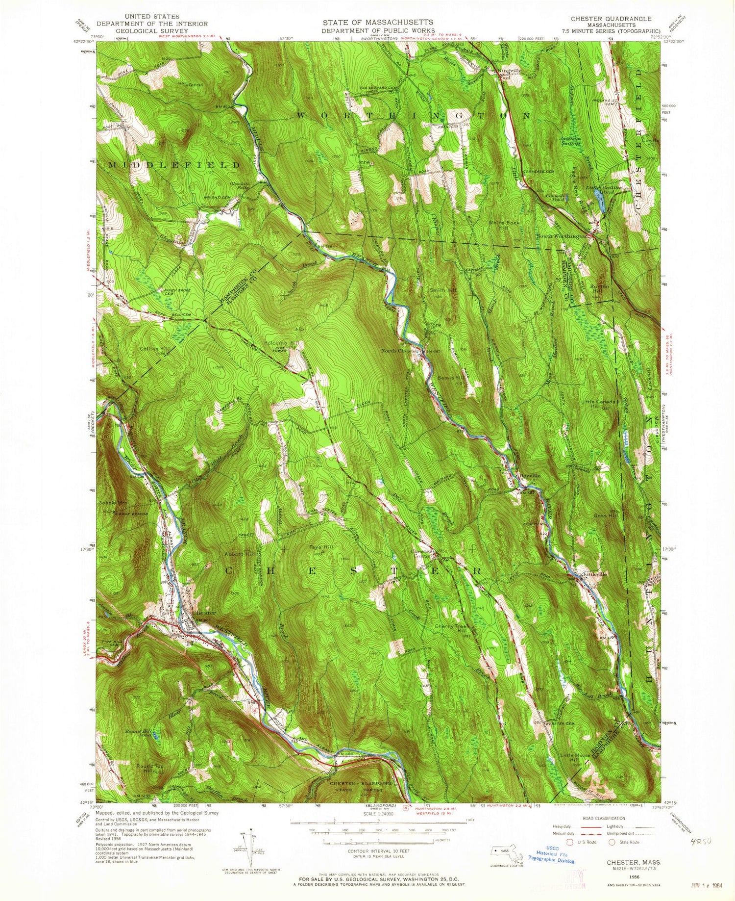 Classic USGS Chester Massachusetts 7.5'x7.5' Topo Map Image