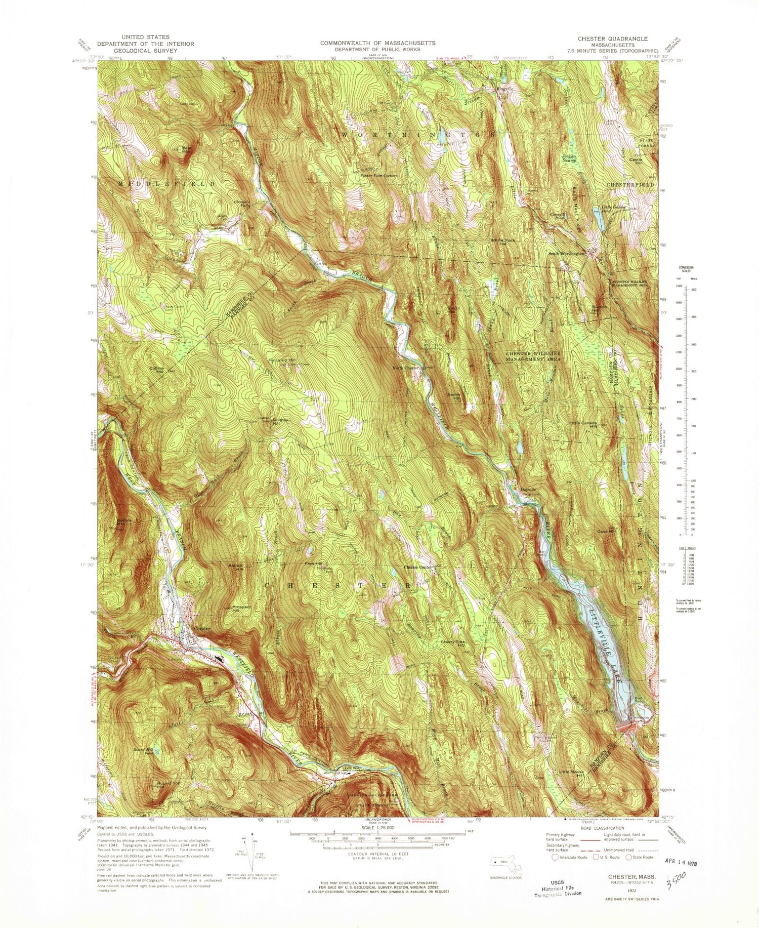 Classic USGS Chester Massachusetts 7.5'x7.5' Topo Map Image
