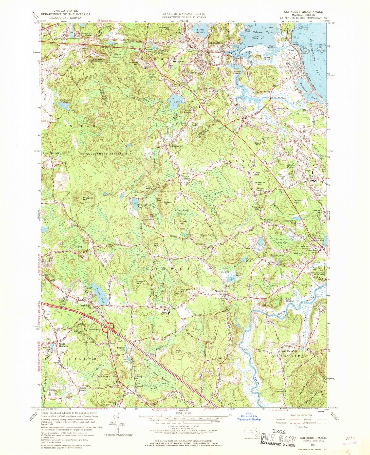 Classic USGS Cohasset Massachusetts 7.5'x7.5' Topo Map Image