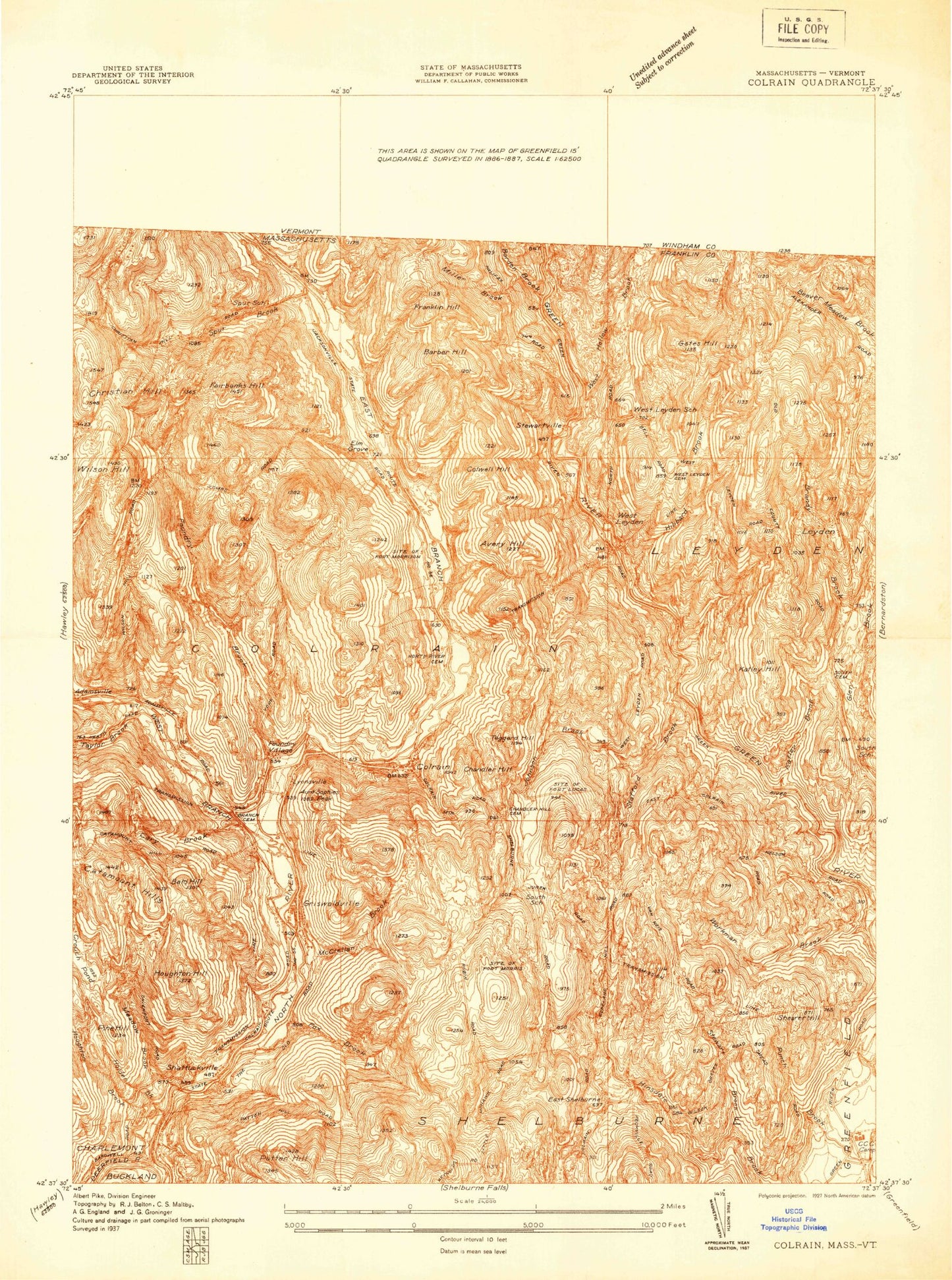 Classic USGS Colrain Massachusetts 7.5'x7.5' Topo Map Image