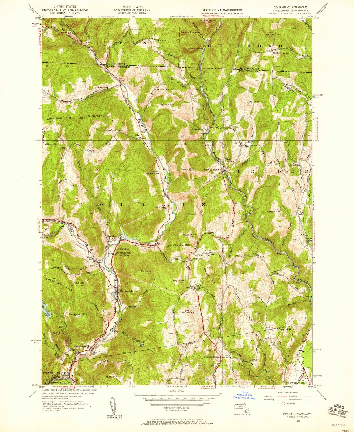 Classic USGS Colrain Massachusetts 7.5'x7.5' Topo Map Image