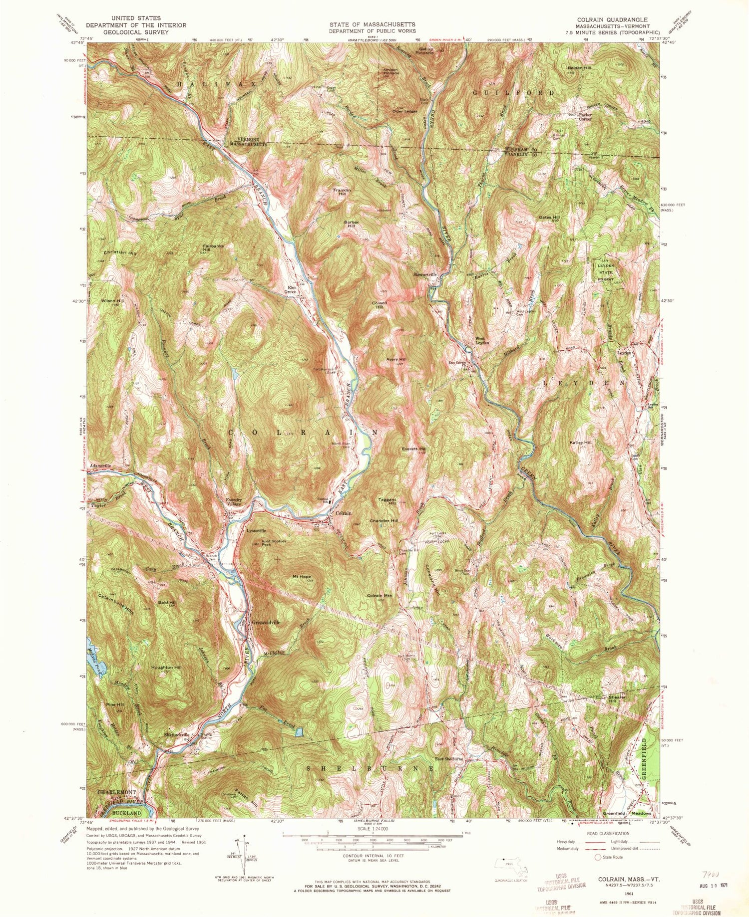 Classic USGS Colrain Massachusetts 7.5'x7.5' Topo Map Image