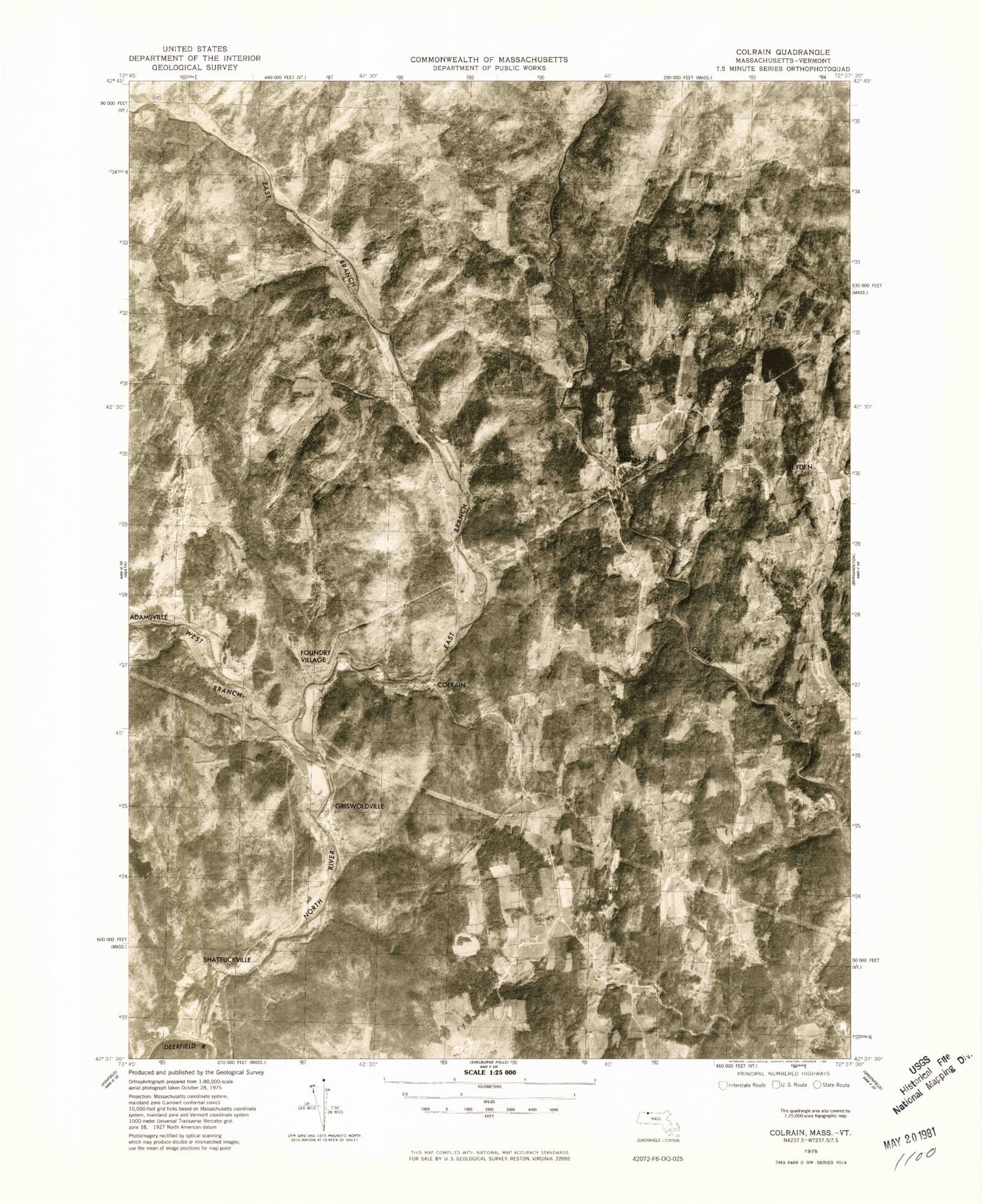 Classic USGS Colrain Massachusetts 7.5'x7.5' Topo Map Image