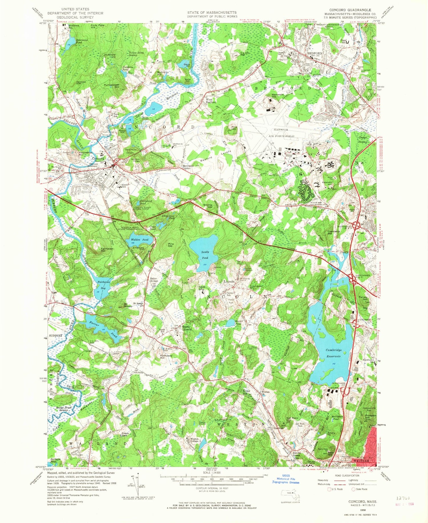 Classic USGS Concord Massachusetts 7.5'x7.5' Topo Map Image