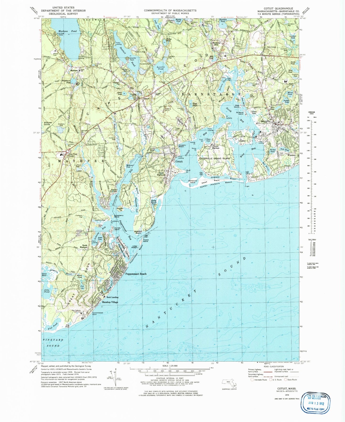 Classic USGS Cotuit Massachusetts 7.5'x7.5' Topo Map Image