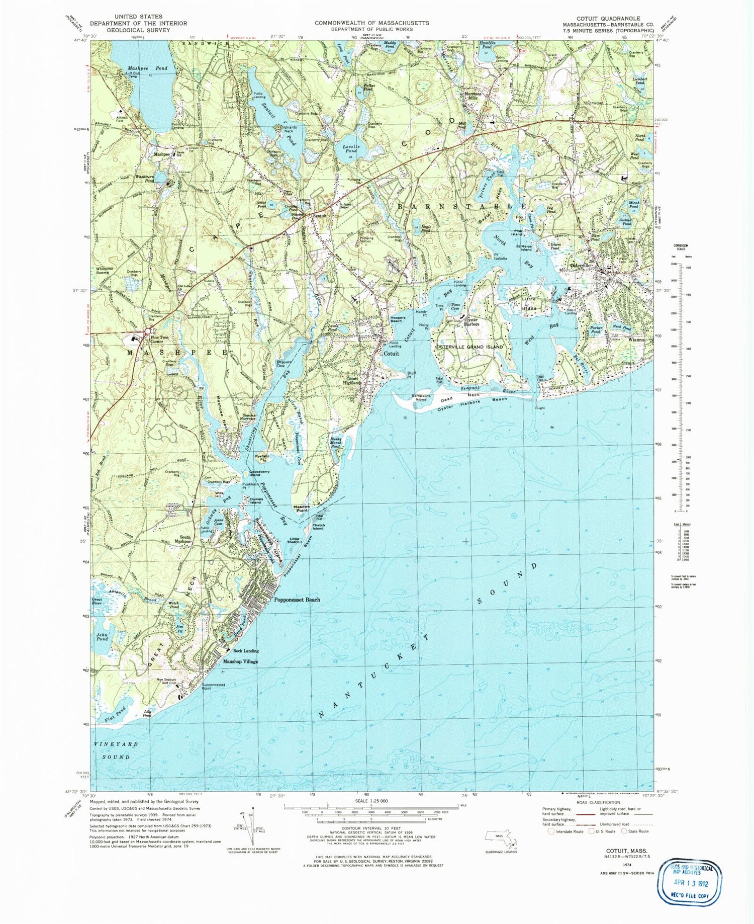 Classic USGS Cotuit Massachusetts 7.5'x7.5' Topo Map Image