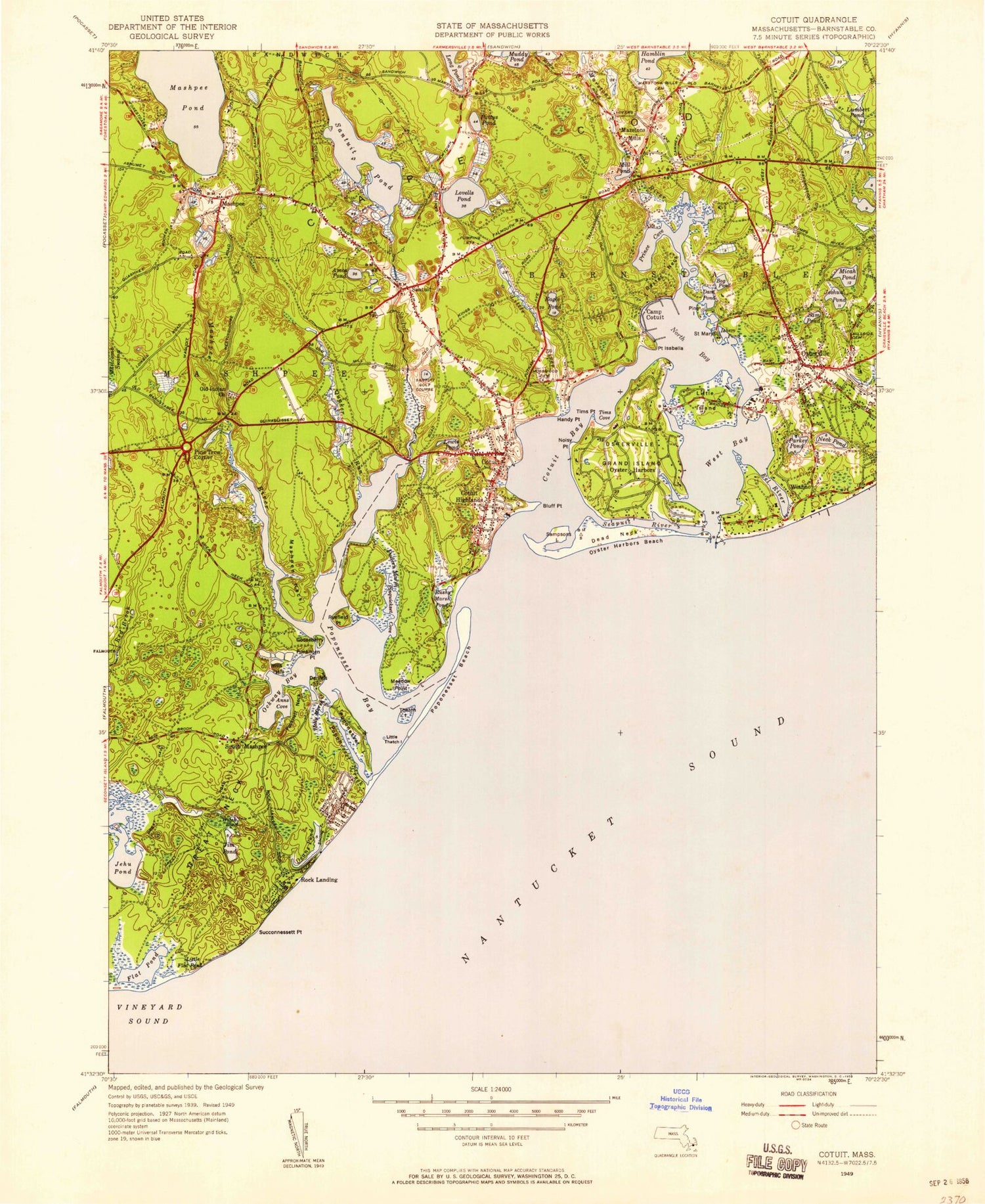 Classic USGS Cotuit Massachusetts 7.5'x7.5' Topo Map Image