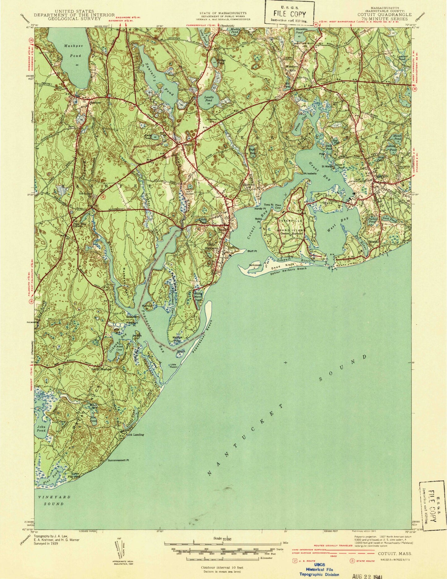 Classic USGS Cotuit Massachusetts 7.5'x7.5' Topo Map Image