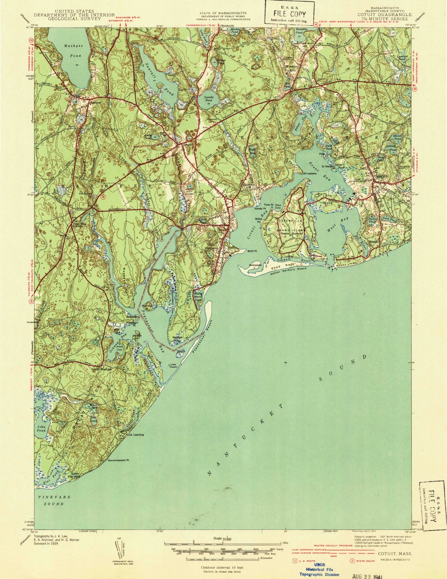 Classic USGS Cotuit Massachusetts 7.5'x7.5' Topo Map Image
