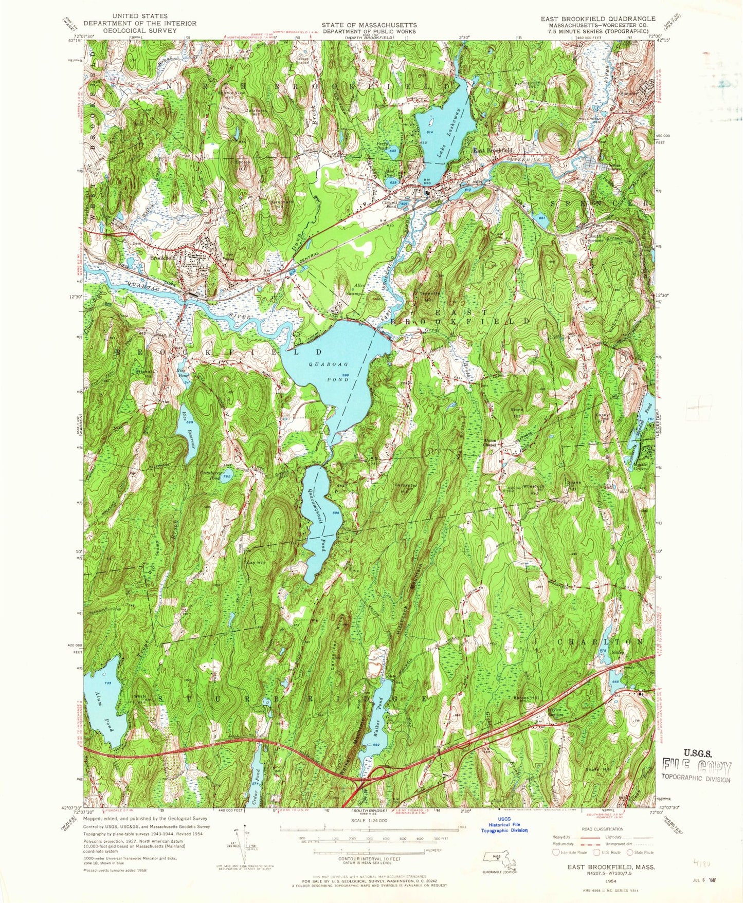 Classic USGS East Brookfield Massachusetts 7.5'x7.5' Topo Map Image