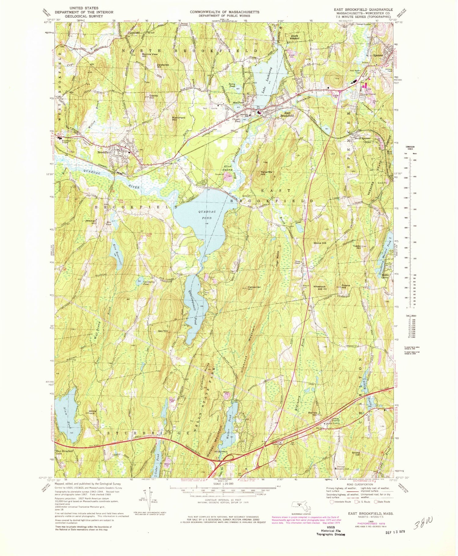 Classic USGS East Brookfield Massachusetts 7.5'x7.5' Topo Map Image