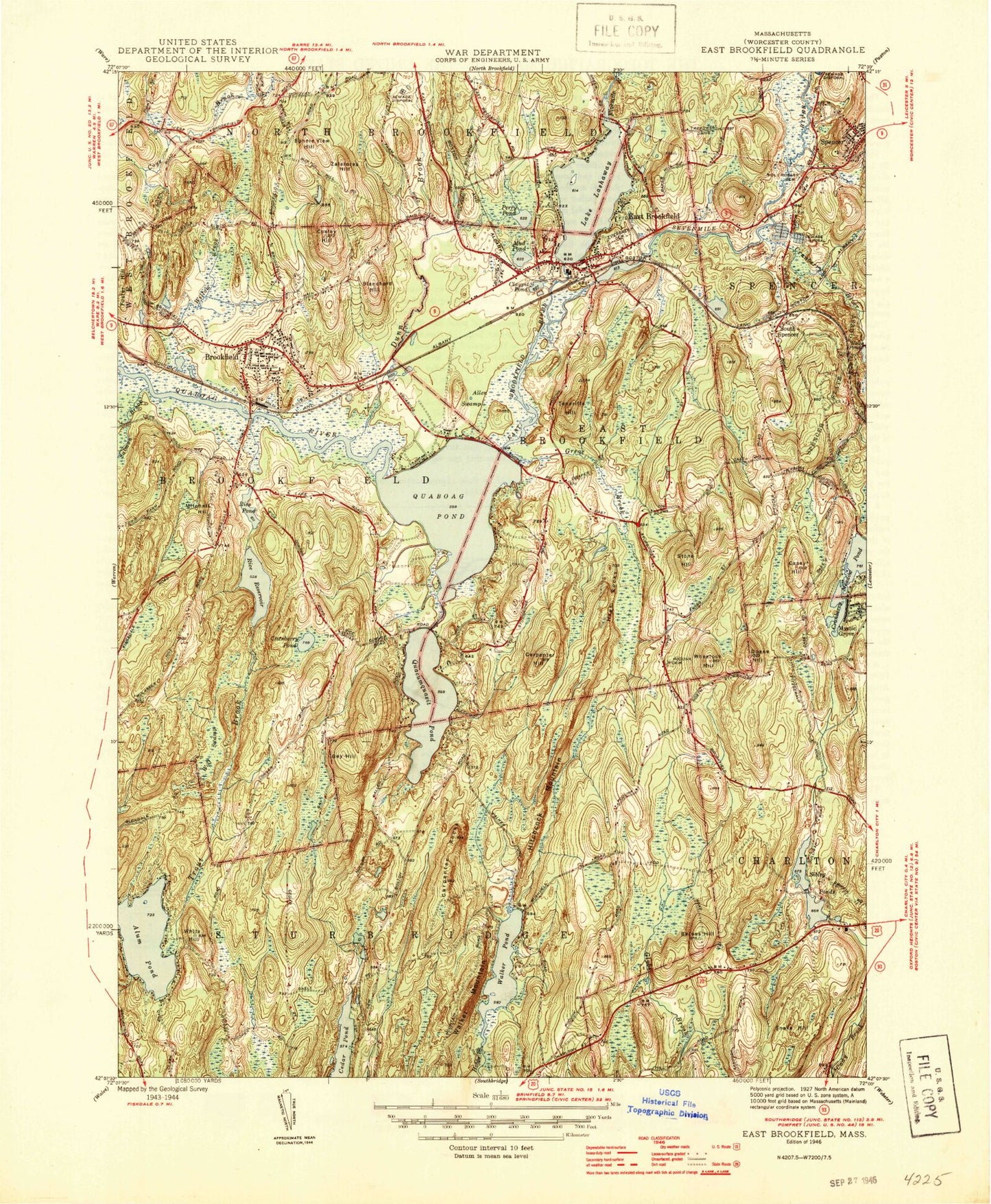 Classic USGS East Brookfield Massachusetts 7.5'x7.5' Topo Map Image