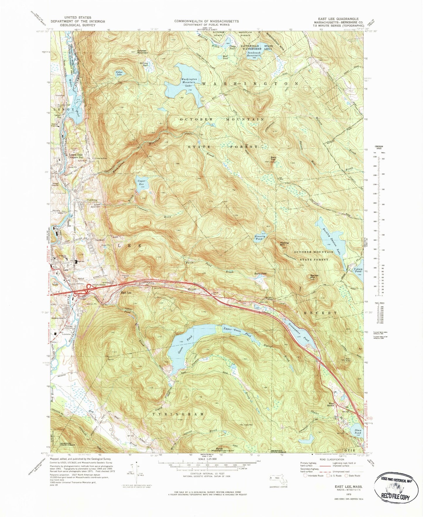 Classic USGS East Lee Massachusetts 7.5'x7.5' Topo Map Image