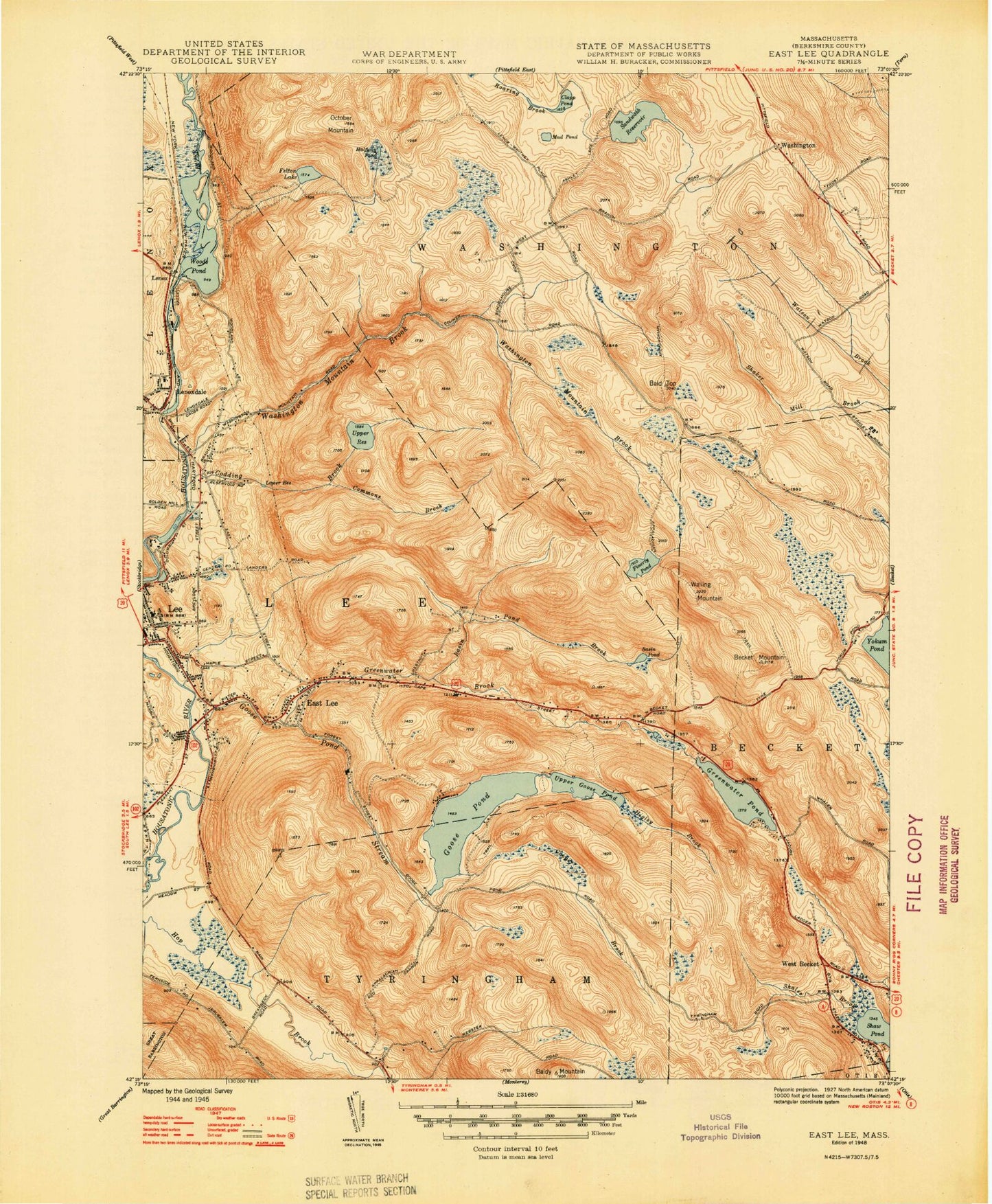 Classic USGS East Lee Massachusetts 7.5'x7.5' Topo Map Image