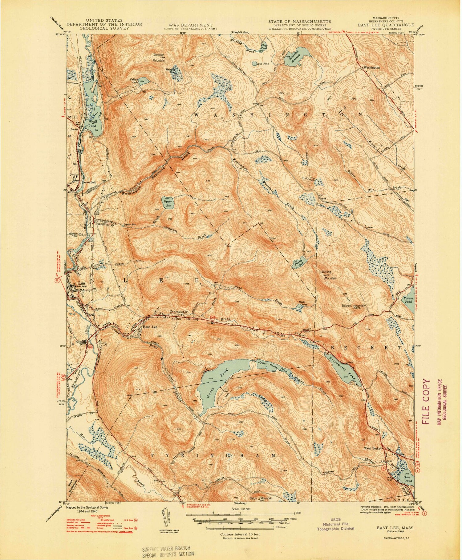 Classic USGS East Lee Massachusetts 7.5'x7.5' Topo Map Image