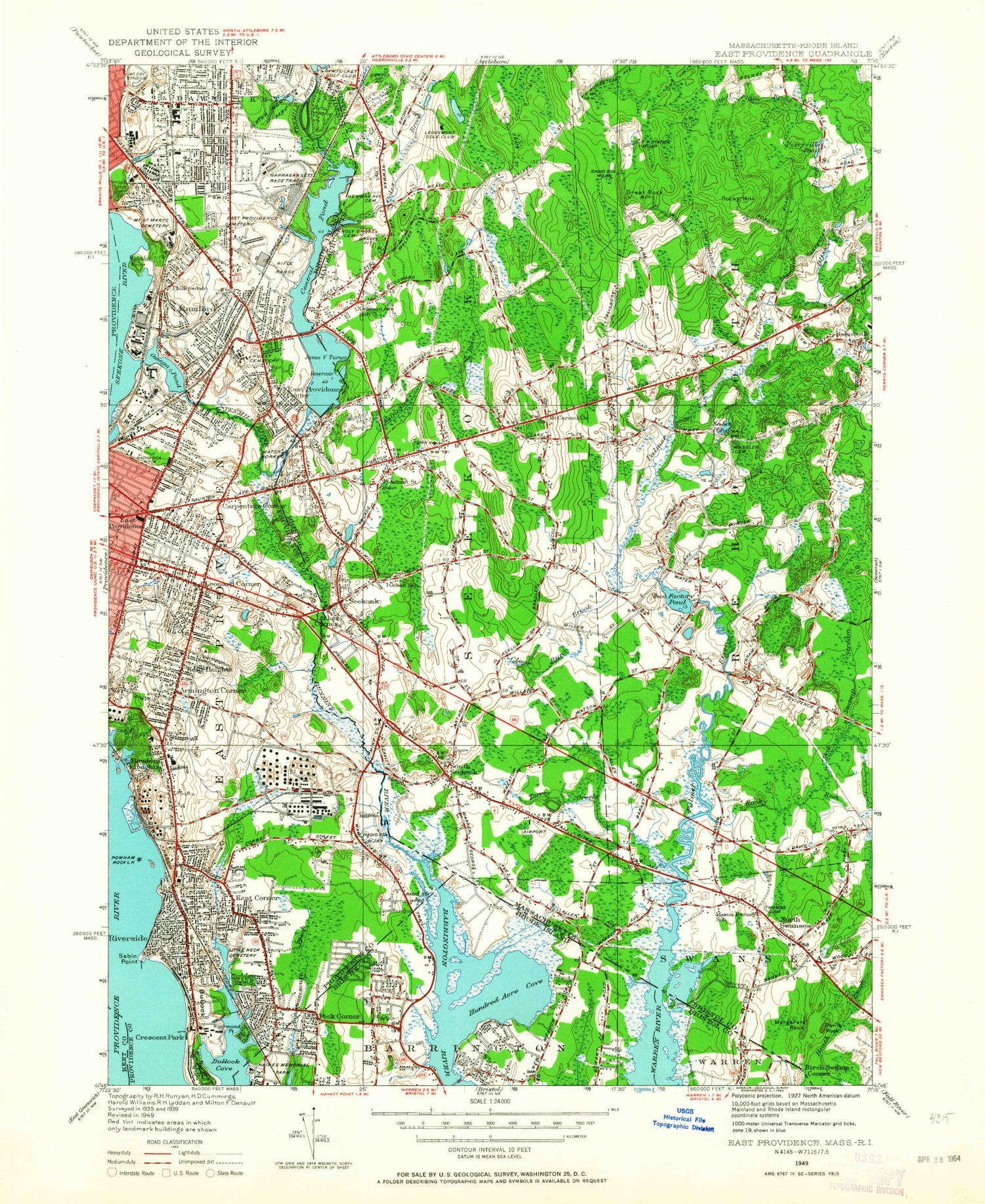 Classic USGS East Providence Rhode Island 7.5'x7.5' Topo Map Image