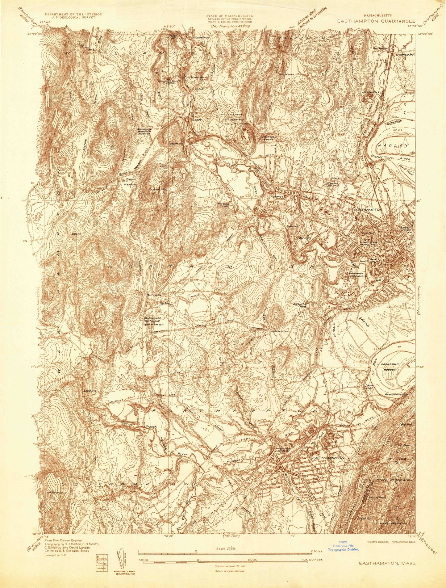 Classic USGS Easthampton Massachusetts 7.5'x7.5' Topo Map Image