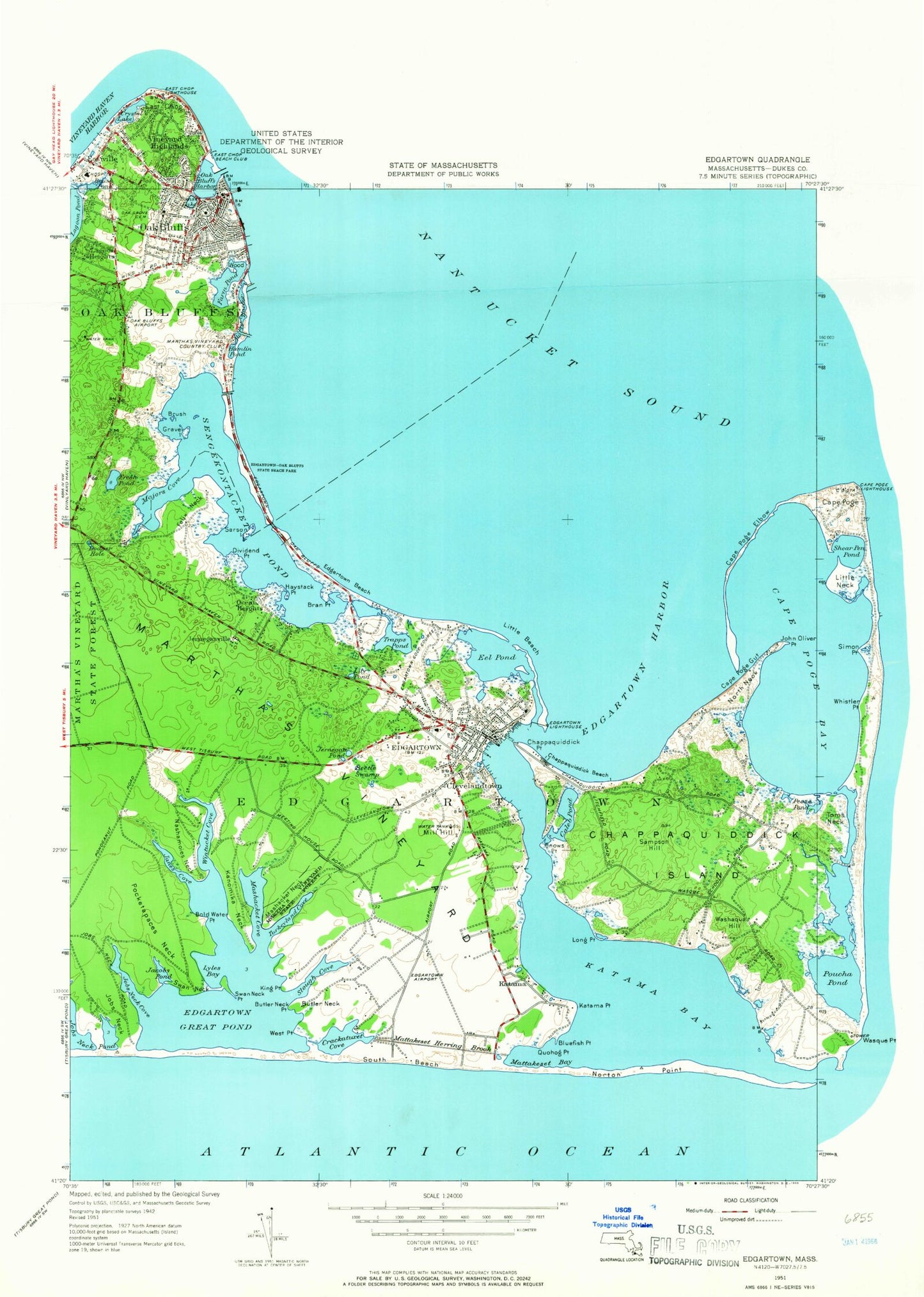Classic USGS Edgartown Massachusetts 7.5'x7.5' Topo Map Image