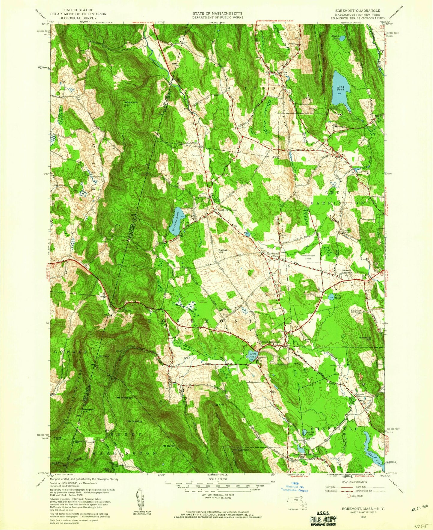 Classic USGS Egremont Massachusetts 7.5'x7.5' Topo Map Image