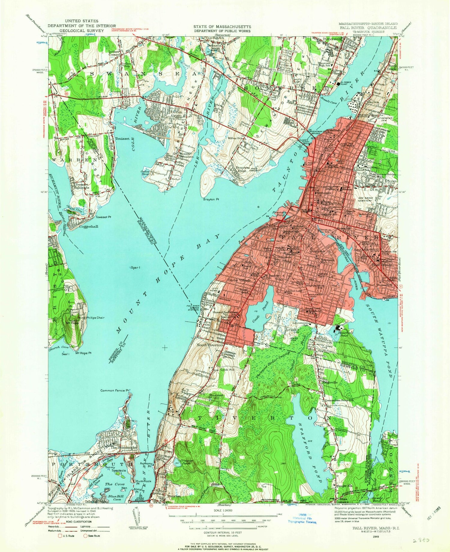 Classic USGS Fall River Massachusetts 7.5'x7.5' Topo Map Image