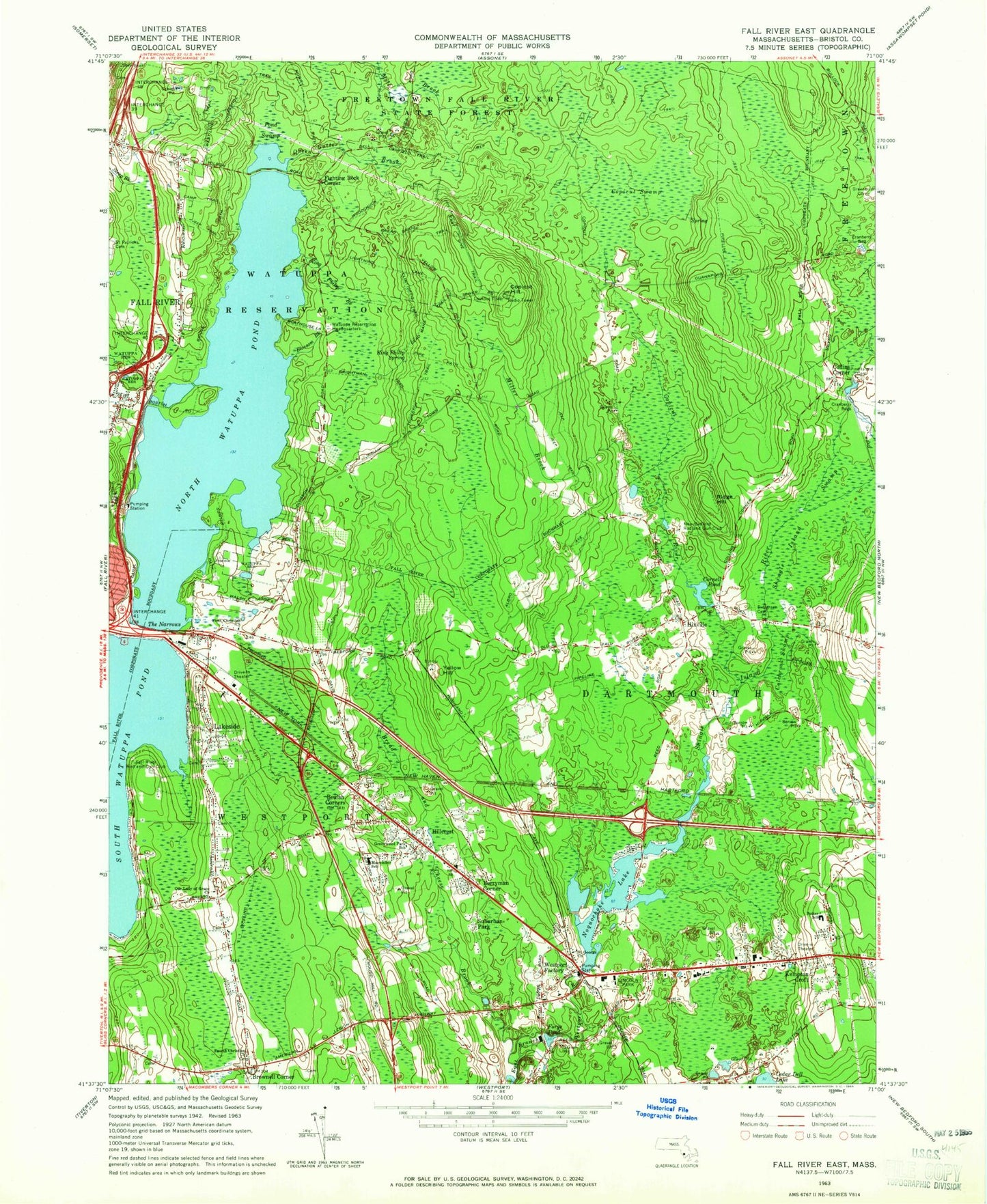 Classic USGS Fall River East Massachusetts 7.5'x7.5' Topo Map Image
