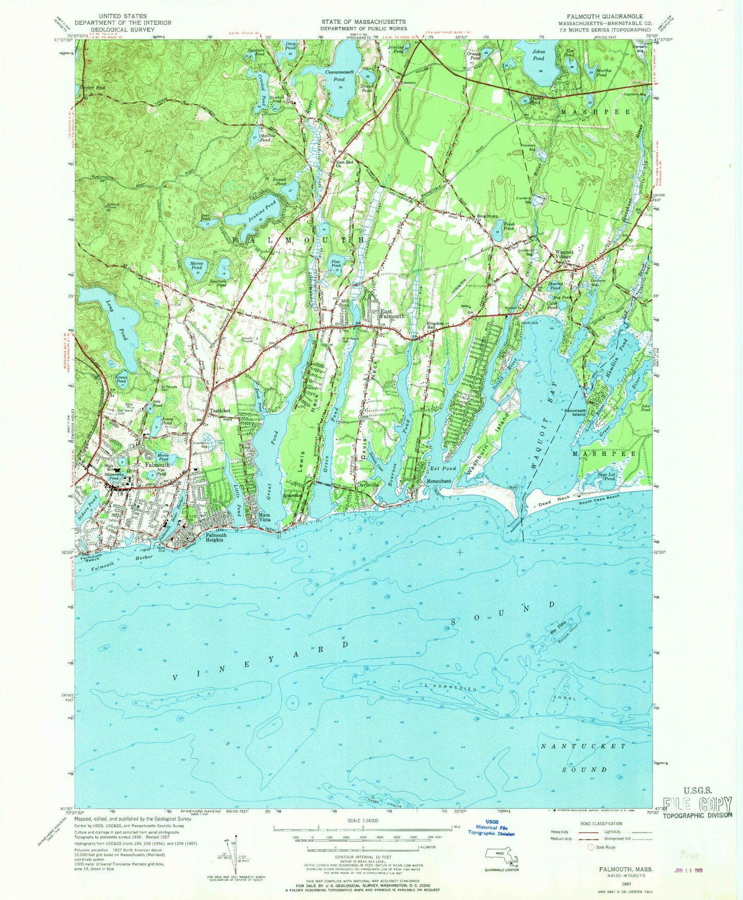 Classic USGS Falmouth Massachusetts 7.5'x7.5' Topo Map Image