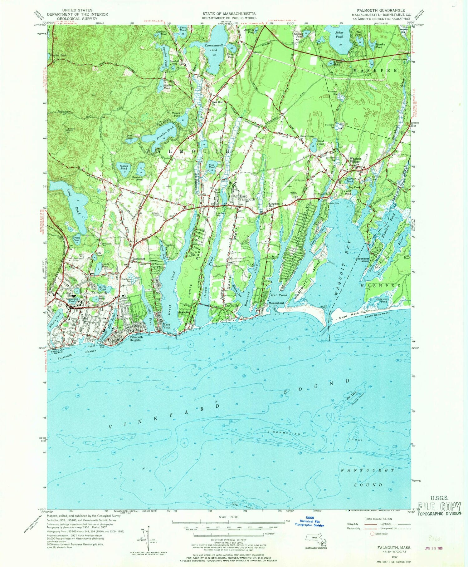 Classic USGS Falmouth Massachusetts 7.5'x7.5' Topo Map Image