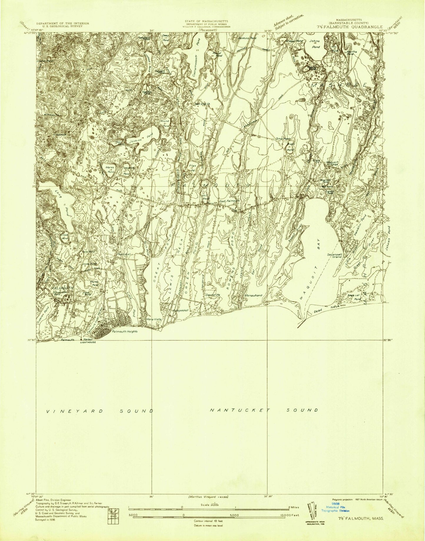 Classic USGS Falmouth Massachusetts 7.5'x7.5' Topo Map Image