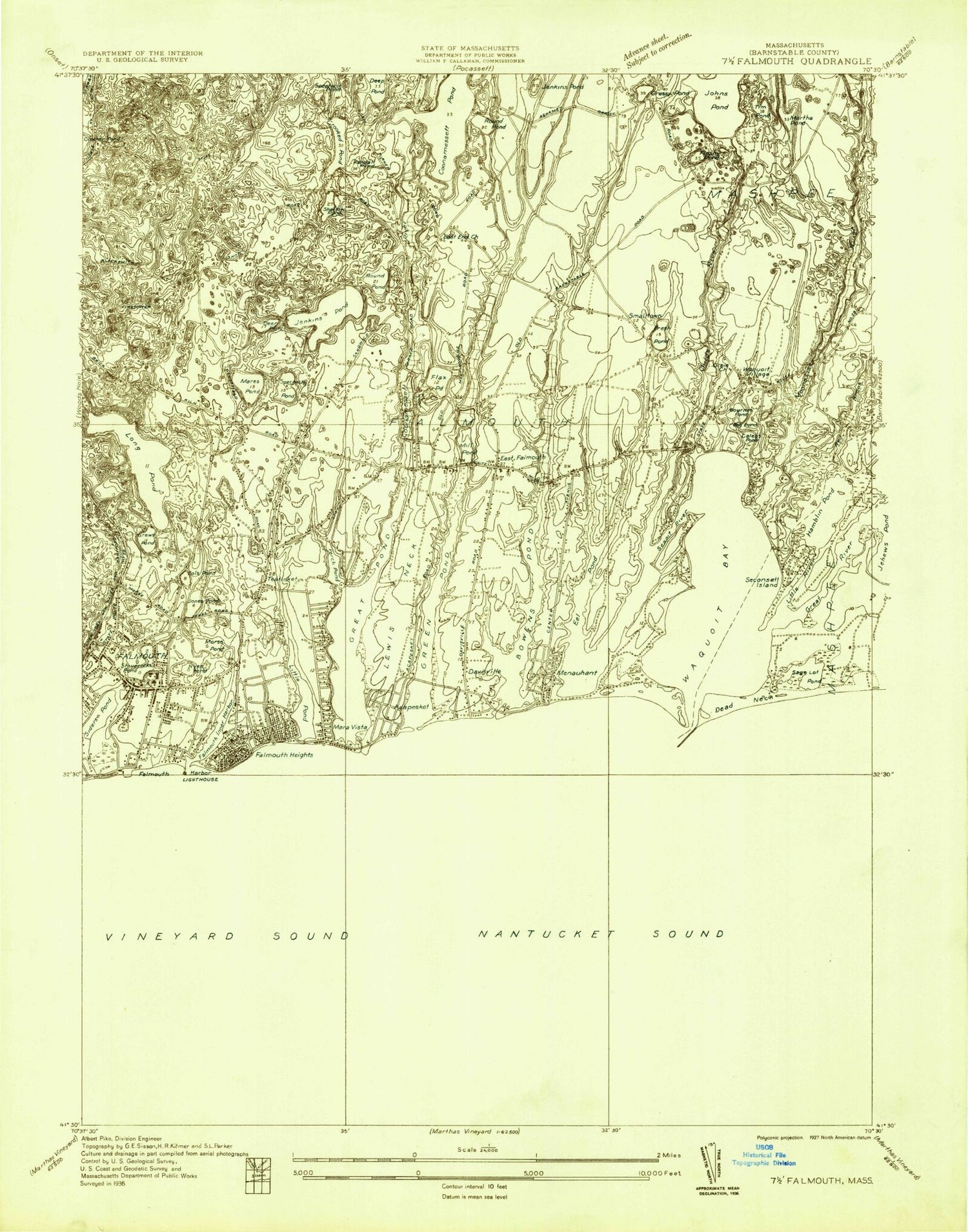 Classic USGS Falmouth Massachusetts 7.5'x7.5' Topo Map Image