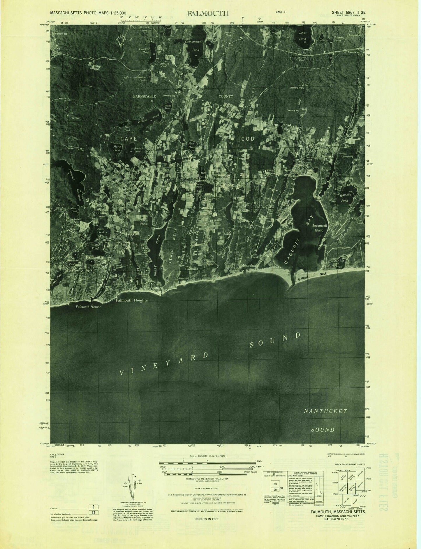 Classic USGS Falmouth Massachusetts 7.5'x7.5' Topo Map Image