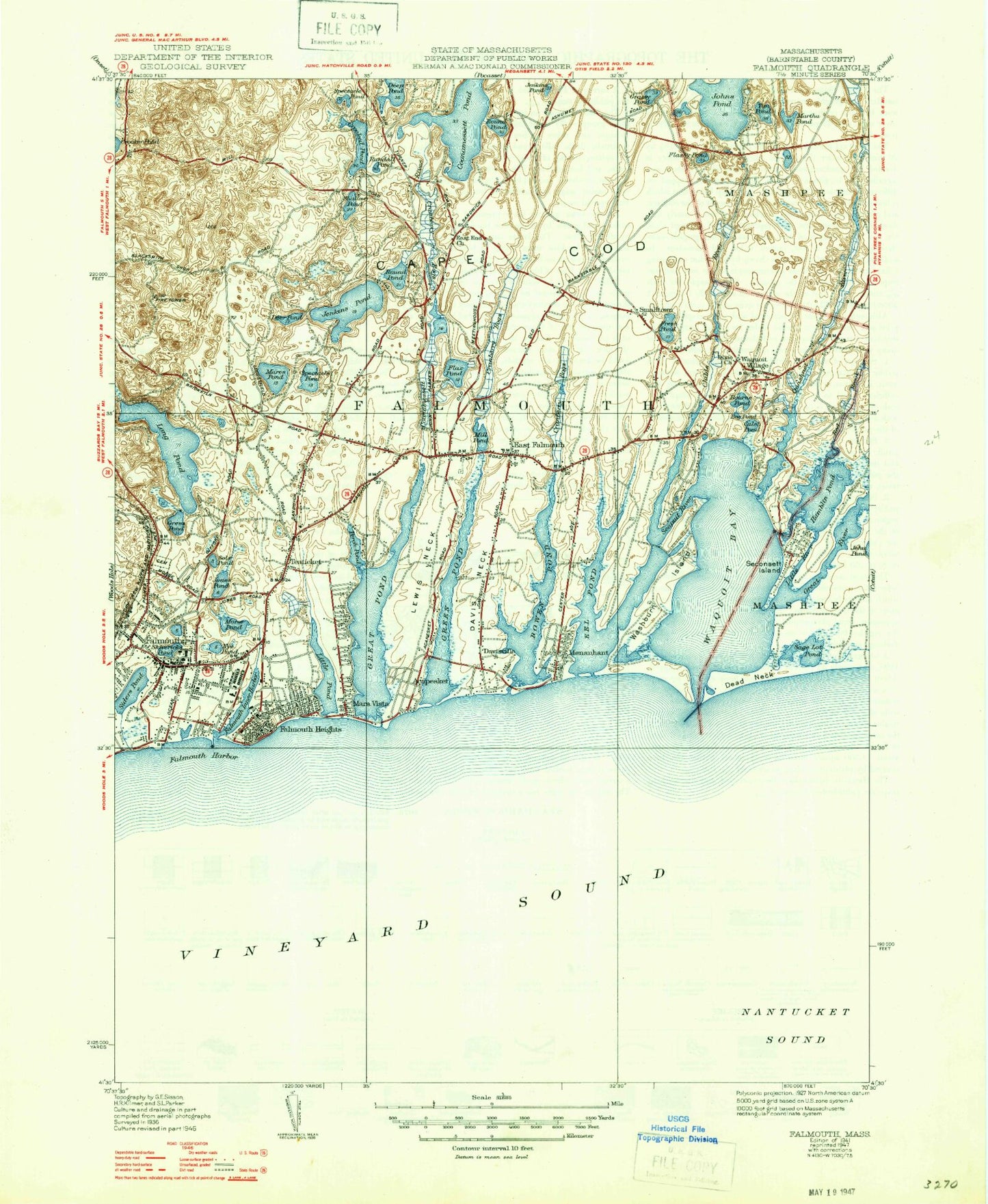 Classic USGS Falmouth Massachusetts 7.5'x7.5' Topo Map Image
