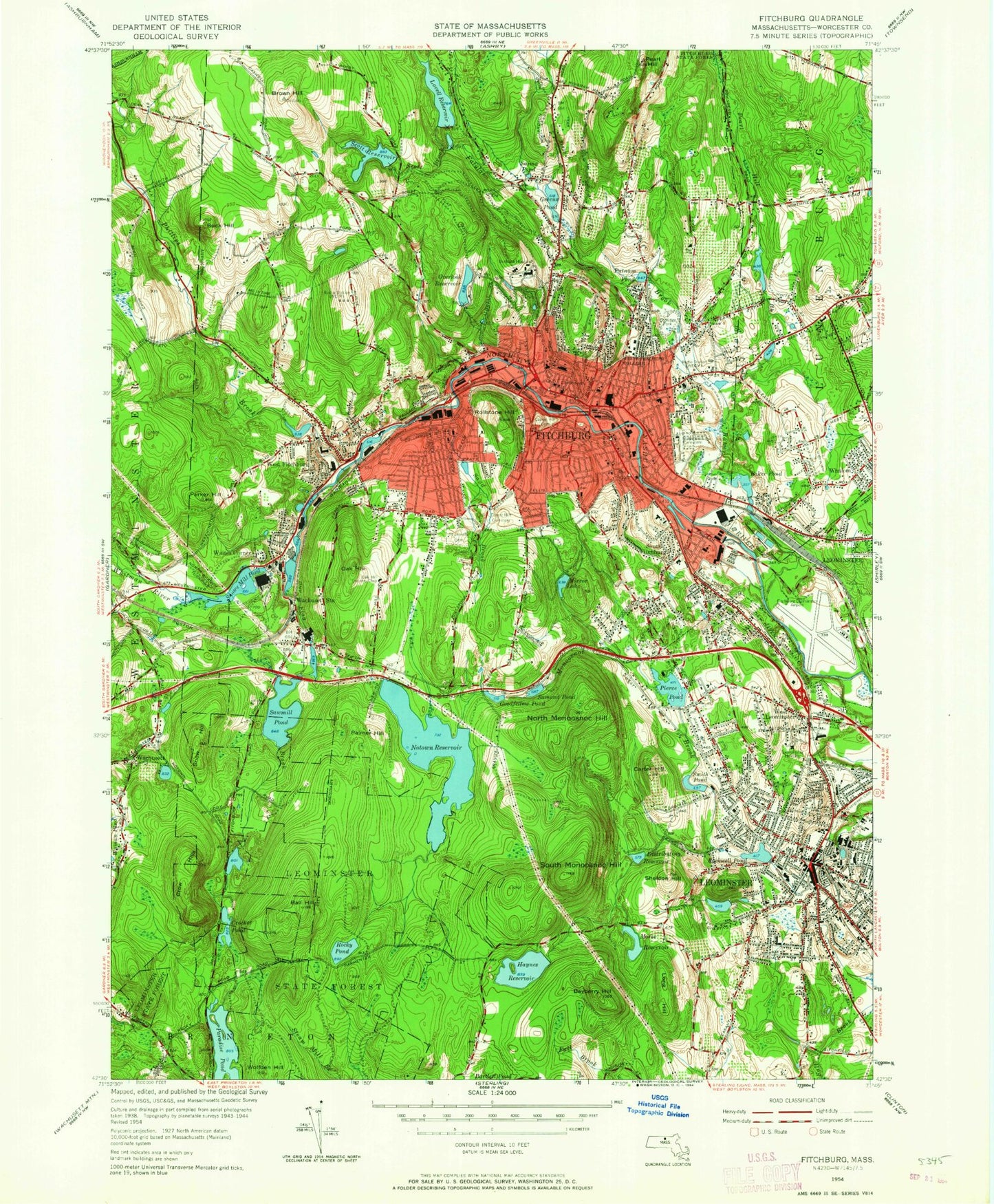 Classic USGS Fitchburg Massachusetts 7.5'x7.5' Topo Map Image