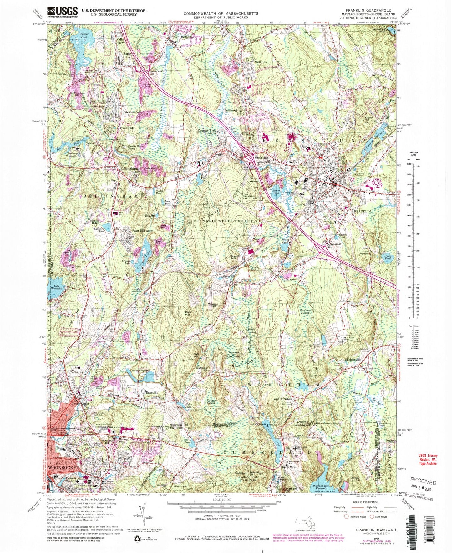 Classic USGS Franklin Massachusetts 7.5'x7.5' Topo Map Image