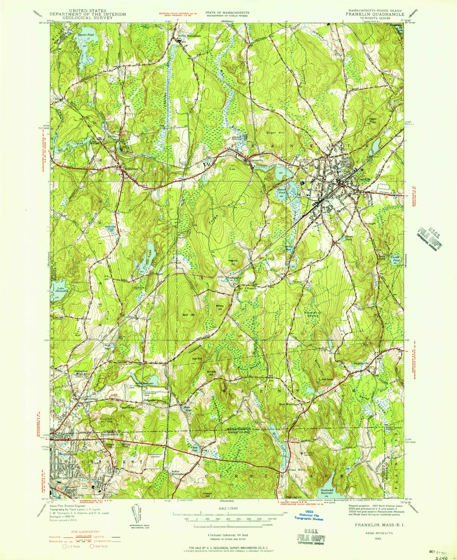 Classic USGS Franklin Massachusetts 7.5'x7.5' Topo Map Image