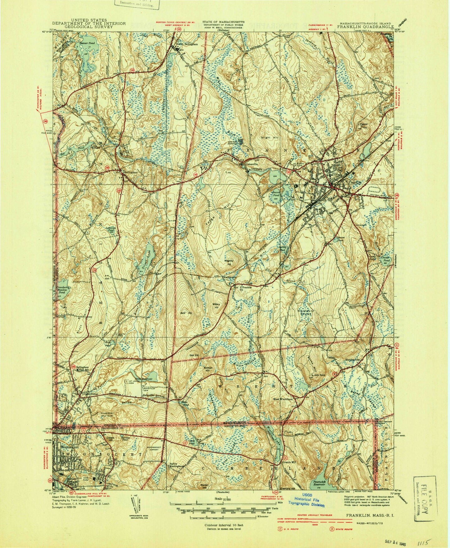 Classic USGS Franklin Massachusetts 7.5'x7.5' Topo Map Image