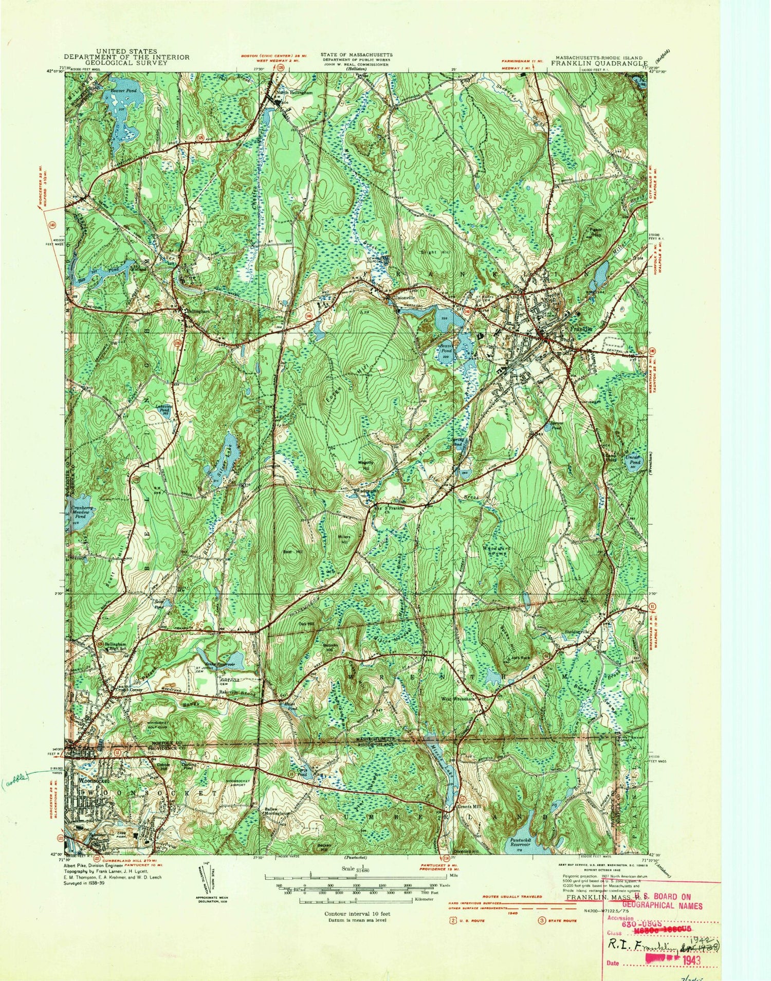 Classic USGS Franklin Massachusetts 7.5'x7.5' Topo Map Image
