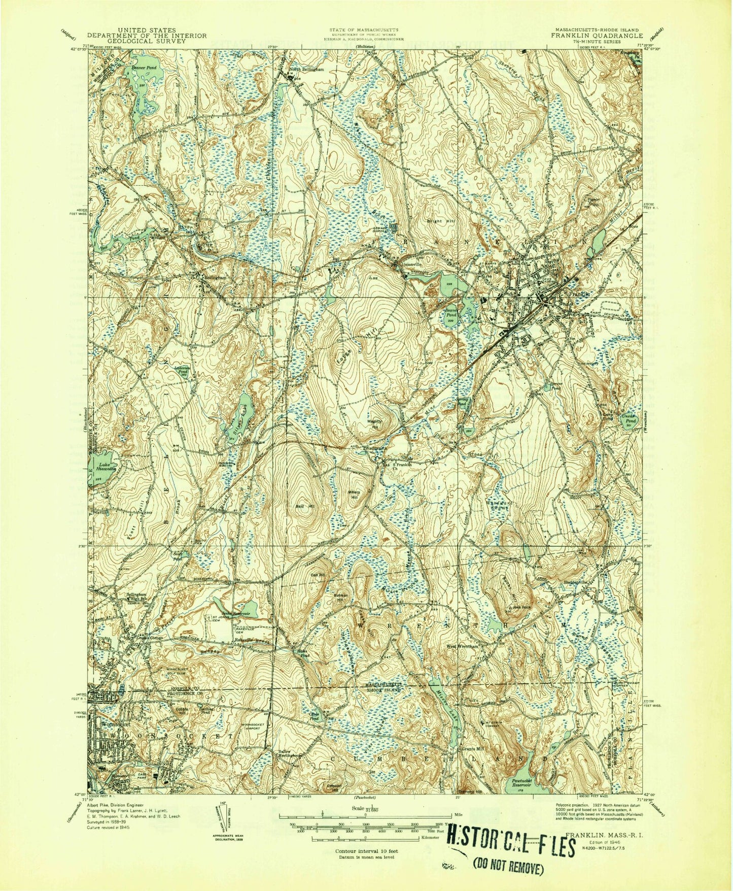 Classic USGS Franklin Massachusetts 7.5'x7.5' Topo Map Image