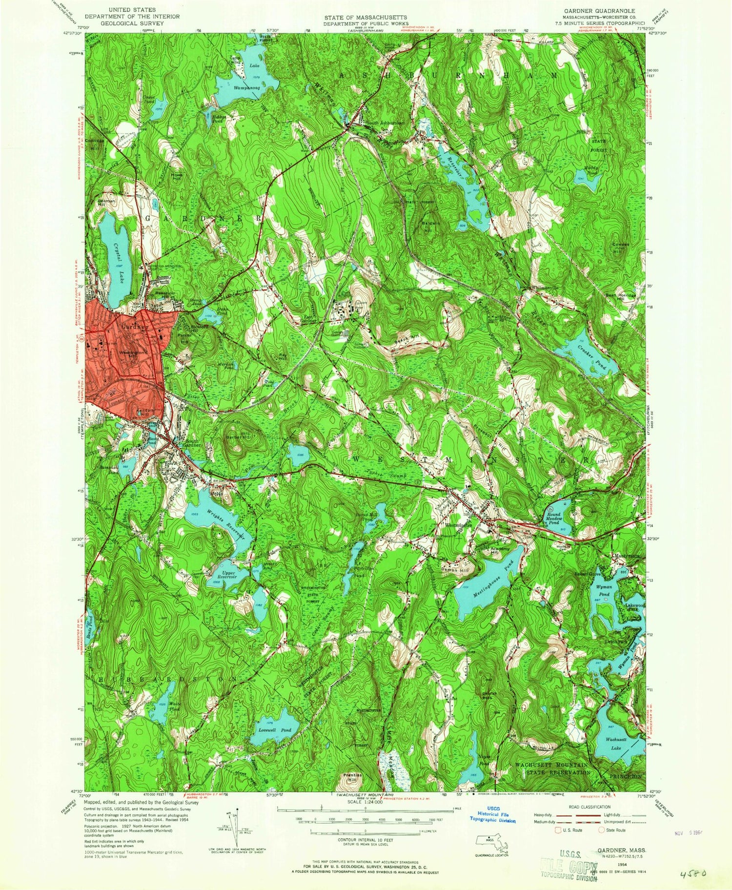 Classic USGS Gardner Massachusetts 7.5'x7.5' Topo Map Image