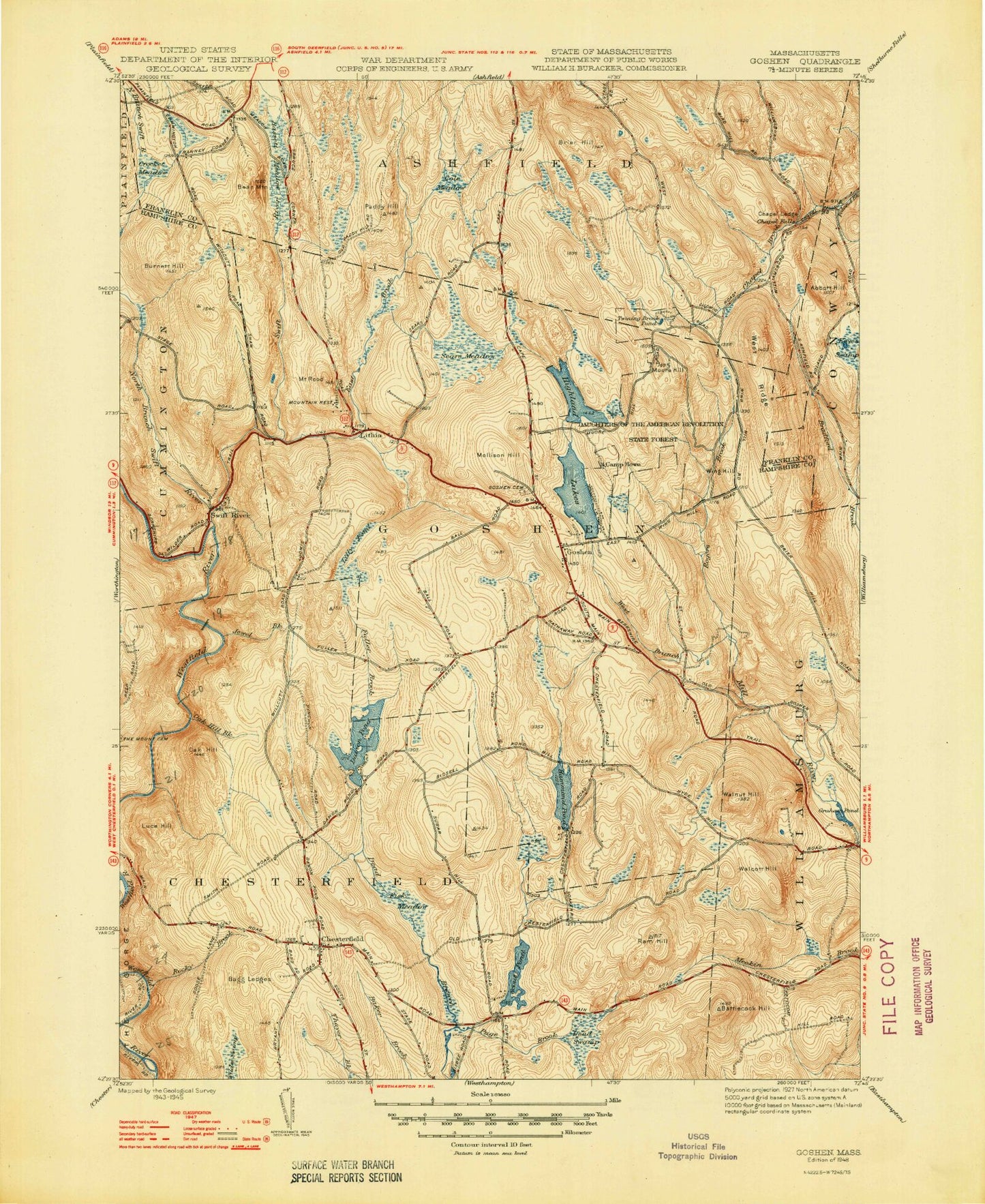 Classic USGS Goshen Massachusetts 7.5'x7.5' Topo Map Image